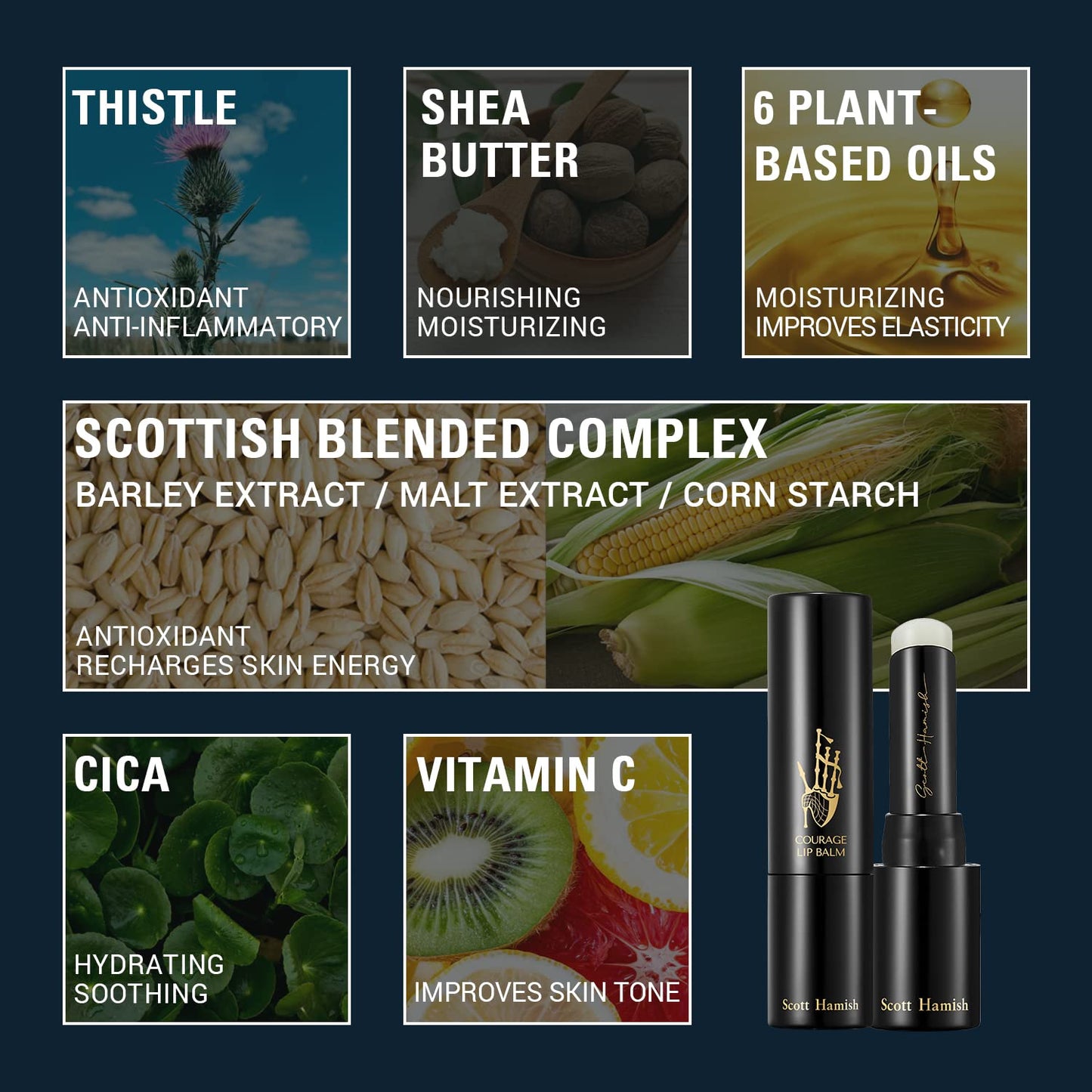 Scott Hamish Courage Lip Balm – Hydrating Lip Balm for Men - Shea Butter & Cica to Moisturize & Soothe Dry, Chapped Lips – Anti Aging Lip Moisturizer and Improve Softness of Lips, 0.12oz.