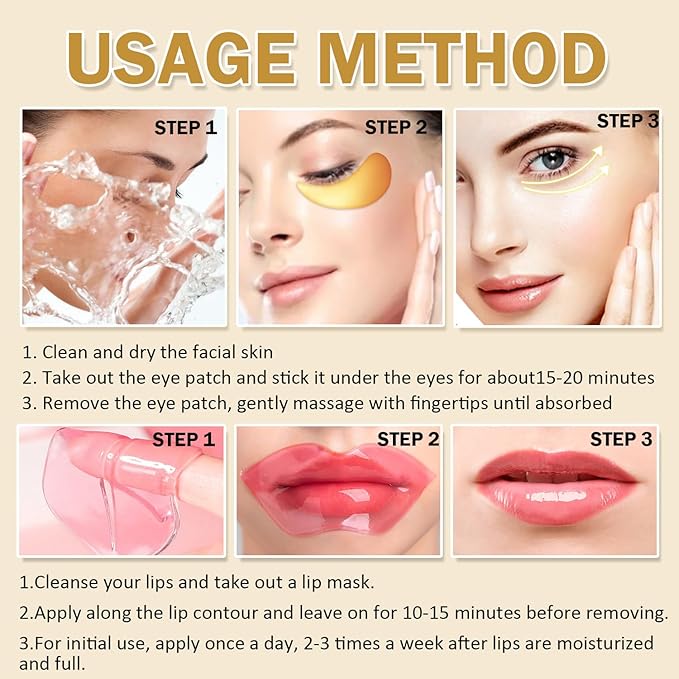 20 Pieces Lip Masks&24K Gold Gel Eye Masks,Crystal Collagen Under Eye Masks,Moisturizing Cherry Lip Patches Skin Care,Reducing Fine Lines & Dark Circle for Puffy Eyes,Birthday for Women
