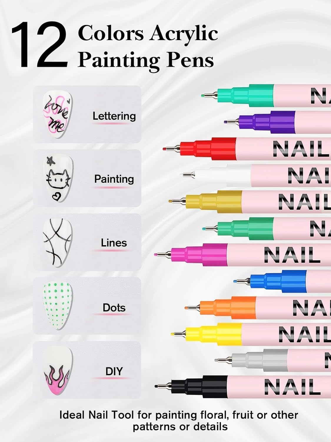 EBANKU 12 Color Nail Polish Pens Set 3D 0.5MM Nail Art Pen Quick-Drying Acrylic Paint Nail Art Point Dotting Liner Nail Pen for Beginner and professional Nail Art DIY Home & Salon