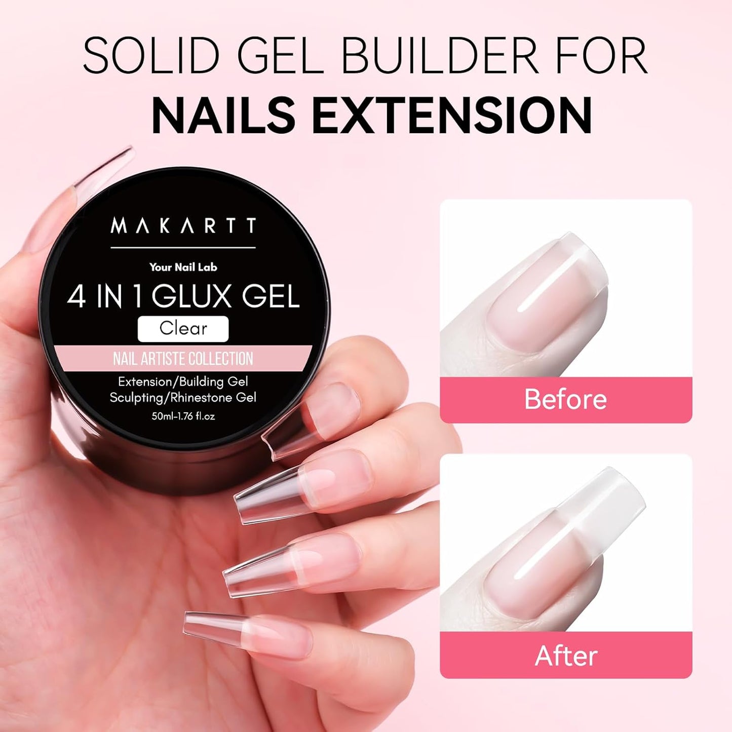 Makartt 3D Gel Nail Art: 50g 3D Nail Gel Clear Non-sticky 3d Sculpting Gels, 4-in-1 Solid Gels Builder for Extension, UV Glue for Acrylic Tips, Rhinestones & 3d Carving for Home Salon DIY