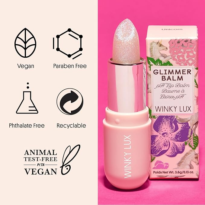 Winky Lux Glimmer Balm, pH Lip Balm, Color Changing Lipstick and Tinted Lip Balm, Vegan & Cruelty Free Lip Balm, Hydrate & Plump, Pink Shimmer Lipstick, Unicorn