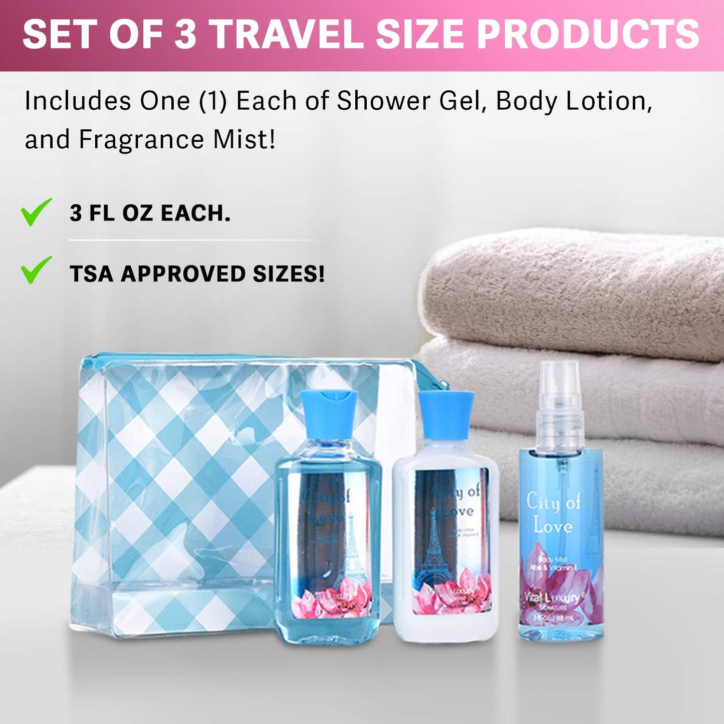 Bath & Body Care Travel Set - Home Spa Set with Body Lotion, Shower Gel and Fragrance Mist, Valentines Day Gifts for Her and Him(City of Love)