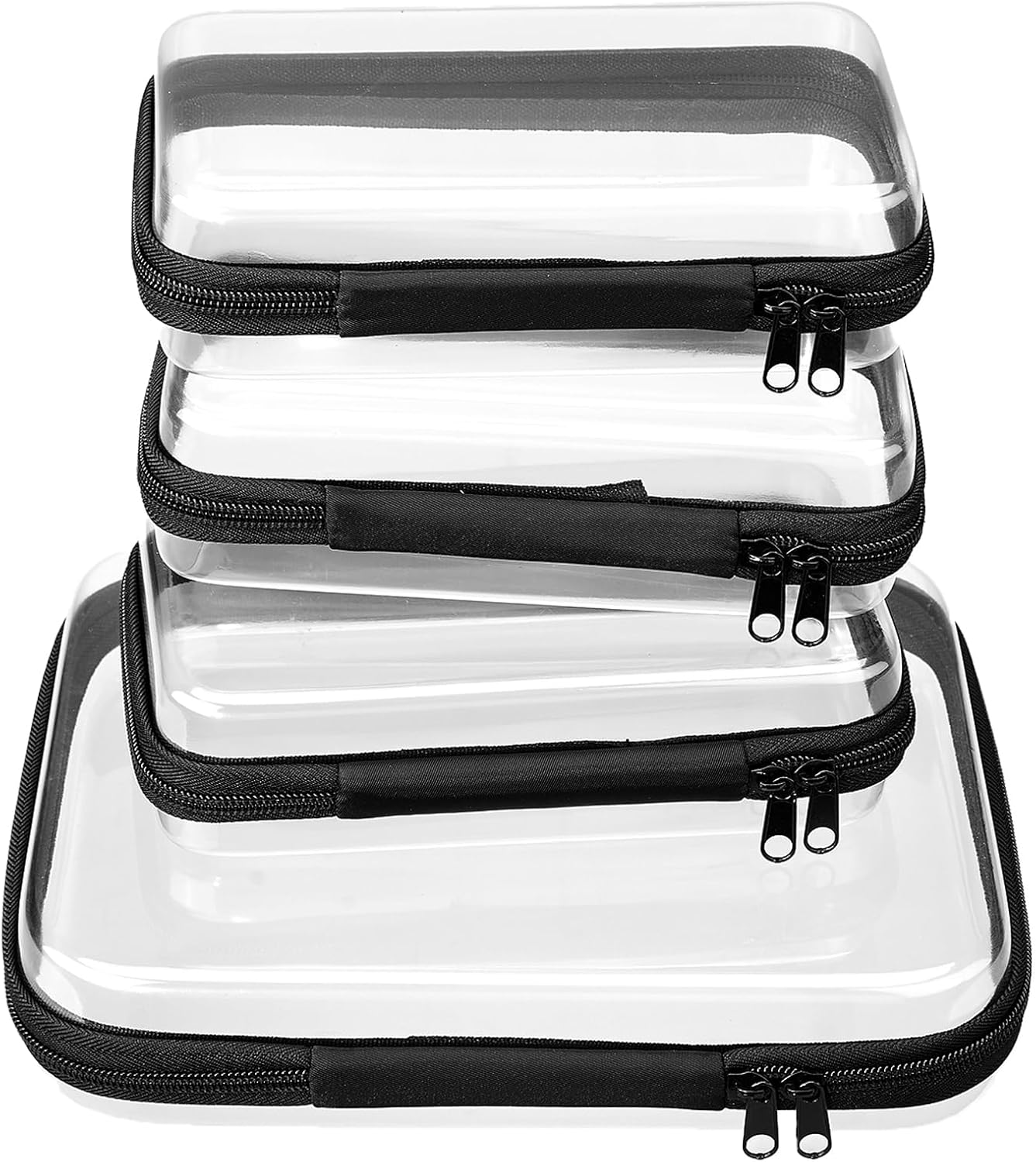 4 pcs Clear Zipper Pouches,Hard Shell Zipper Case, Toiletry Bag for Travel, CLear Diaper Bag, Toiletry Pouch, Travel Organizer, Clear Cosmetic Bag,Toy Storage Bins (M+3S)(Black)