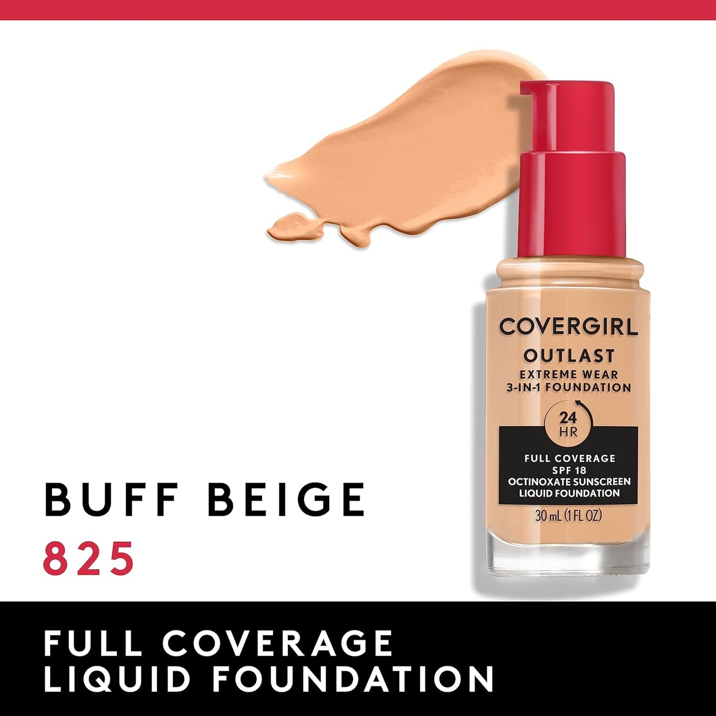 Covergirl Outlast Extreme Wear 3-in-1 Full Coverage Liquid Foundation, SPF 18 Sunscreen, Buff Beige, 1 Fl. Oz.