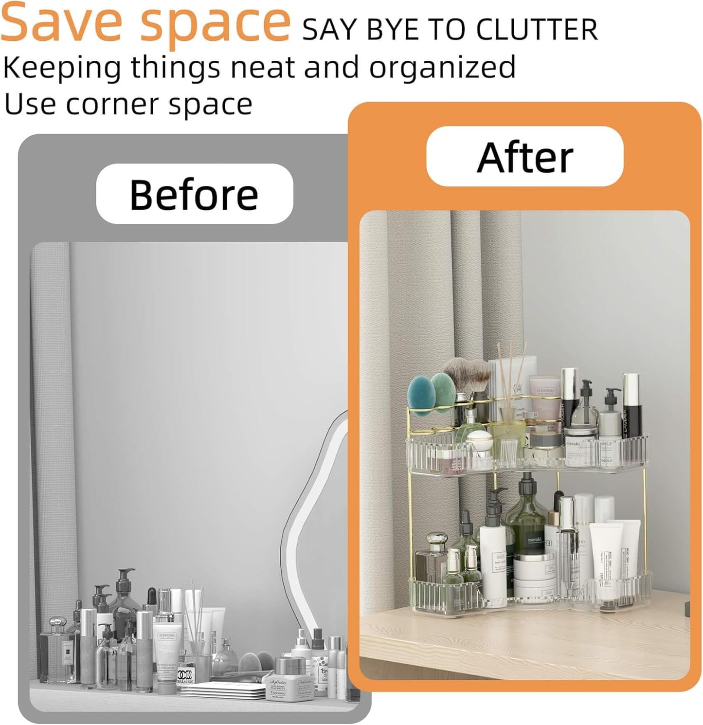 Makeup Organizer Countertop 2 Tier, Corner Bathroom Countertop Organizer with Toothbrush and Makeup Brush Holder, Corner Vanity Tray for Skincare Organization