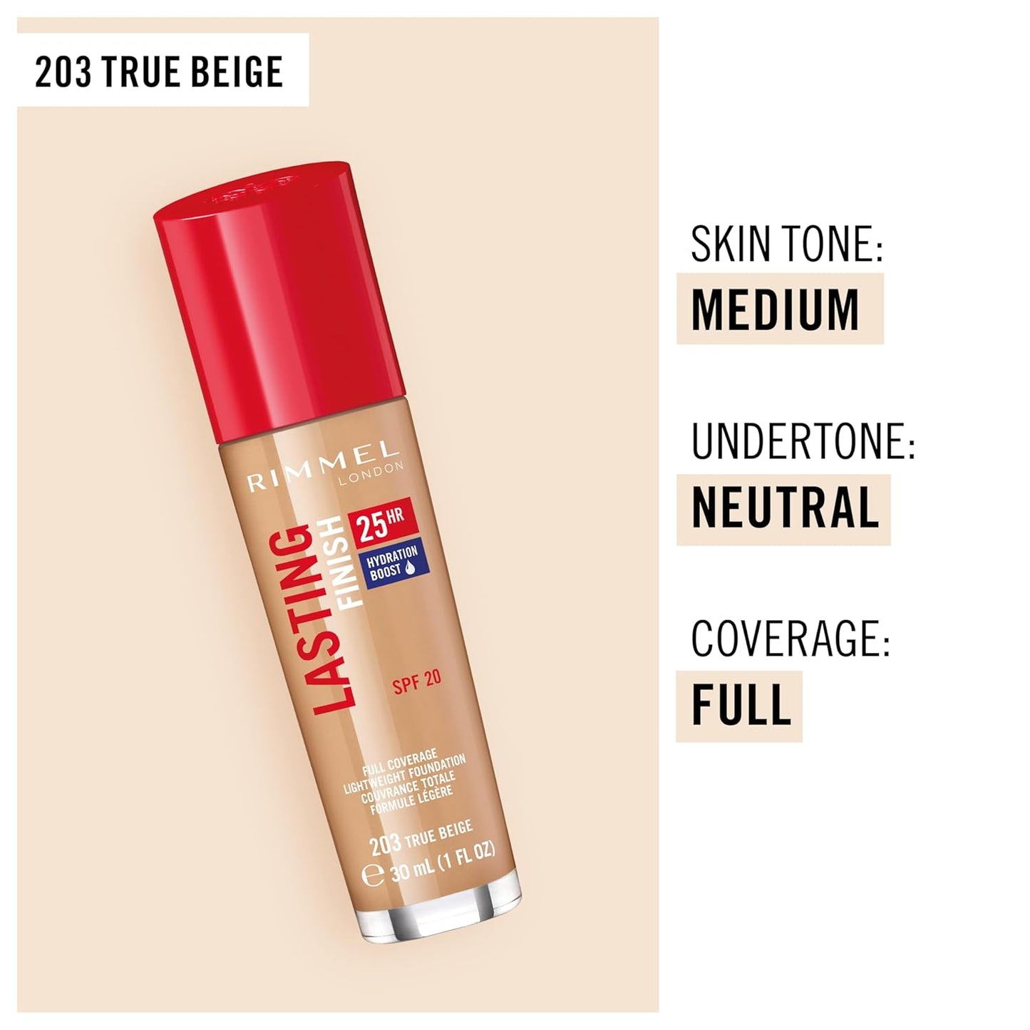 Rimmel London Lasting Finish 25HR - 203 True Beige - Foundation, 25-Hour Wear, Full Coverage, Waterproof, 1oz