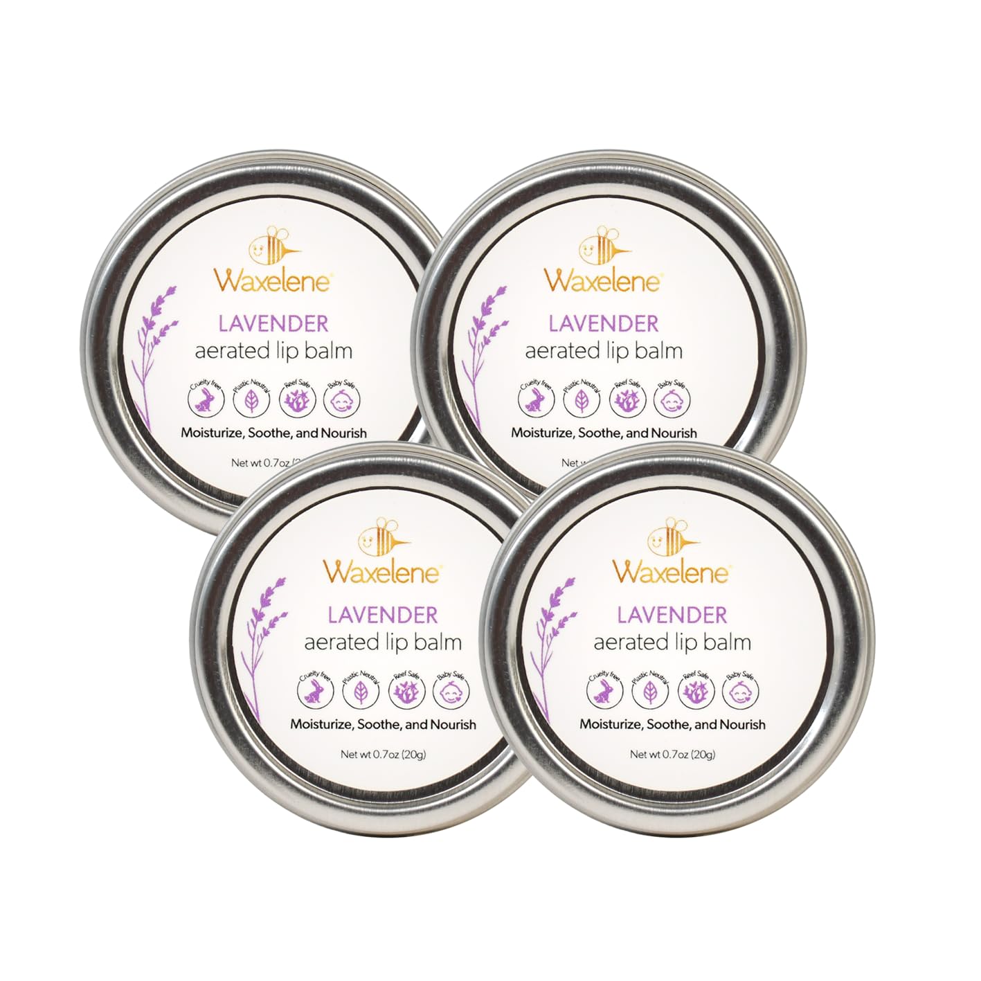 Waxelene Lavender Aerated Lip Balm Tin 4 Piece, Best Lip Balm Ever Organic Calming Multipurpose Ointment Baby Eczema Dry Skin Face Moisturizer