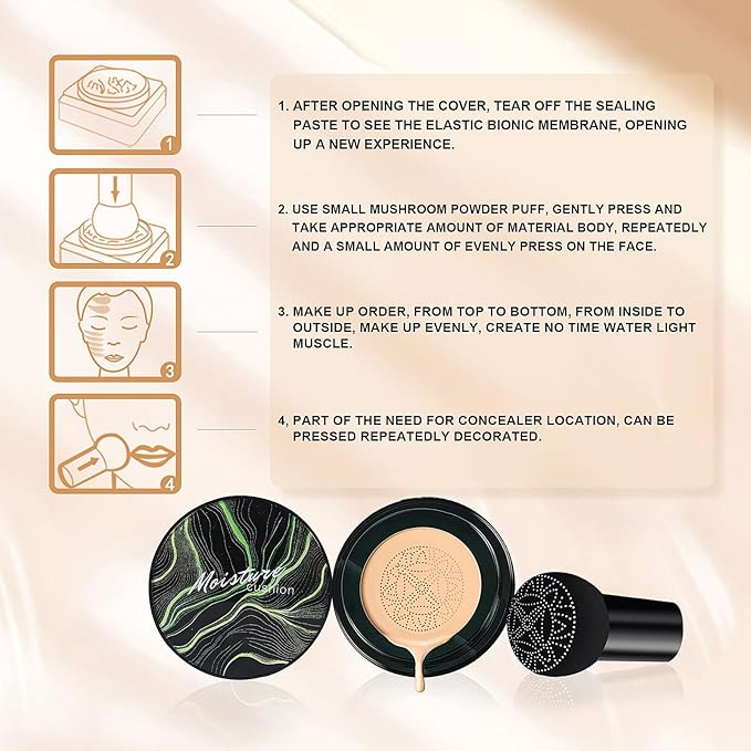 Mushroom Head Air Cushion CC Cream Foundation - Moisturizing & Long-Lasting BB Cream Concealer Makeup Base for All Skin Types, Brighten Long - Lasting Even Color Correcting Concealer (Deep)