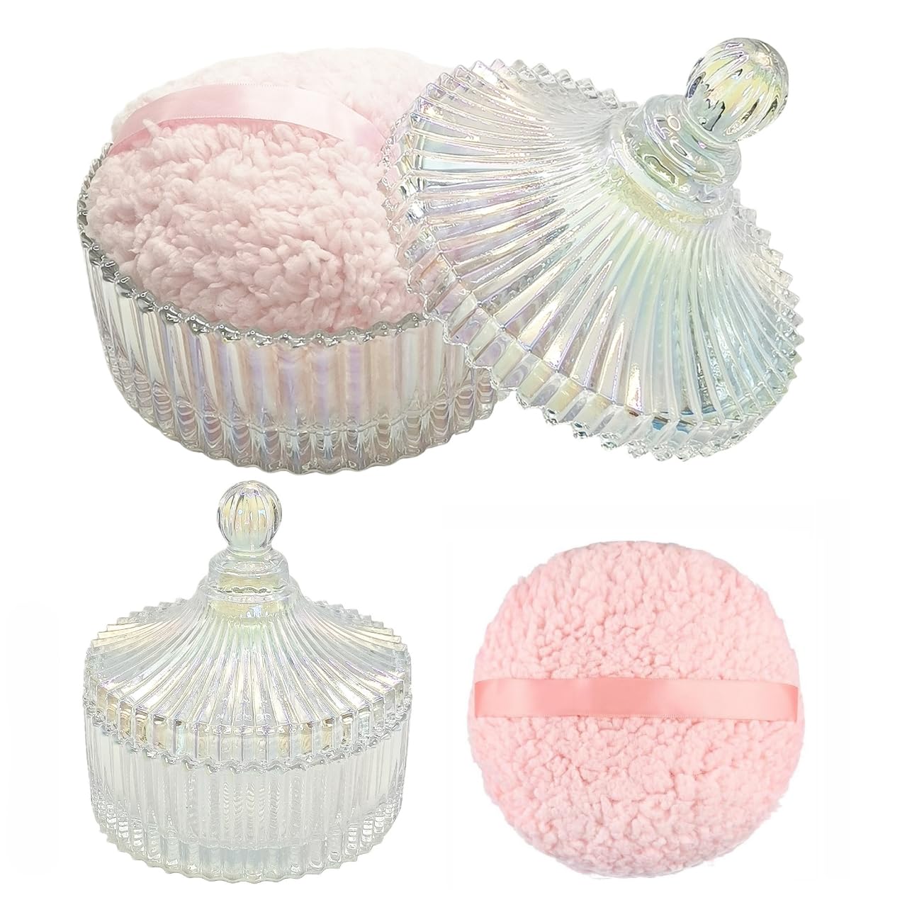 Extra Large Body Powder Puff and Container - Vintage Glass Dusting Powder Container with Soft Puff for Women & Girls (5.9x5.9x5.9 IN)-GRB010-Colorful-B