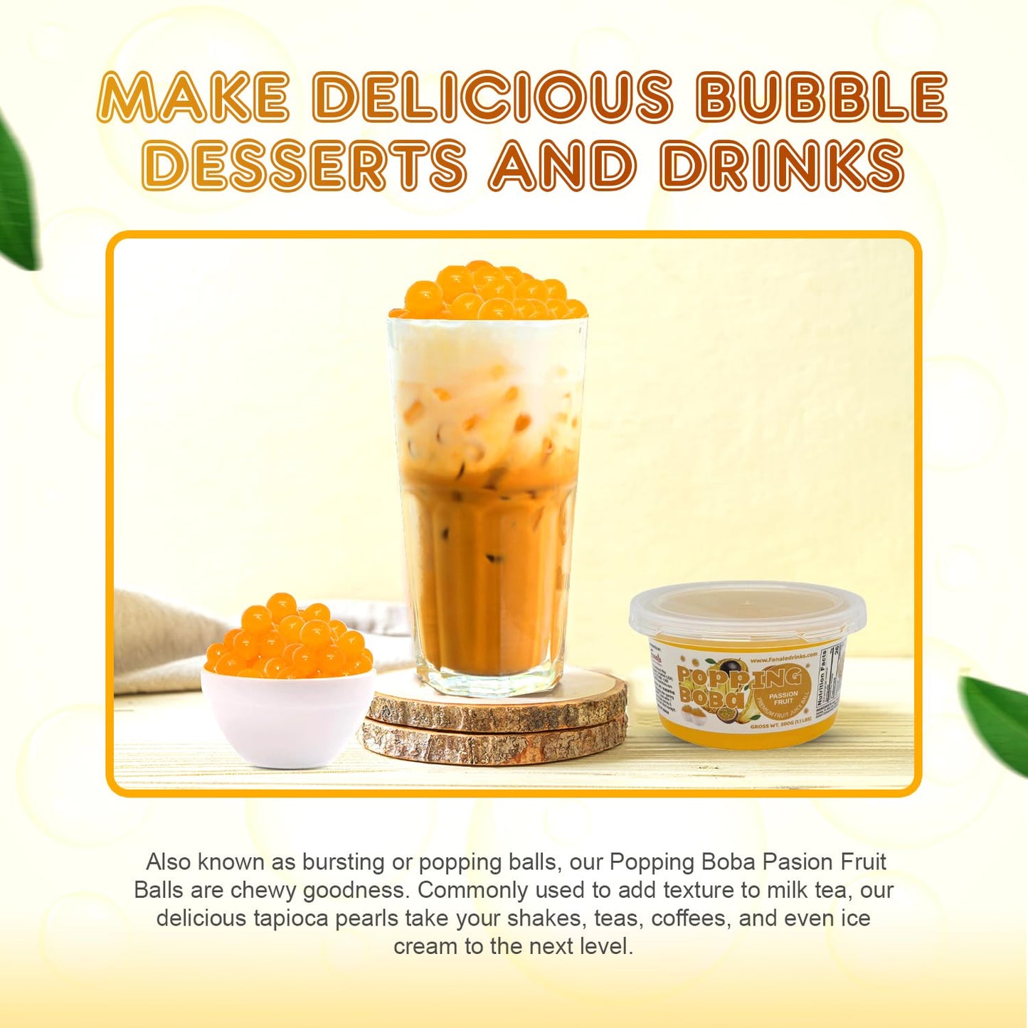 Fanale Passion Fruit Popping Boba Pearls, Vegan, Non GMO, Gluten Free, Fat Free, Perfect for Bubble Tea, Smoothies, Ice Cream, Desserts, and Beverages.