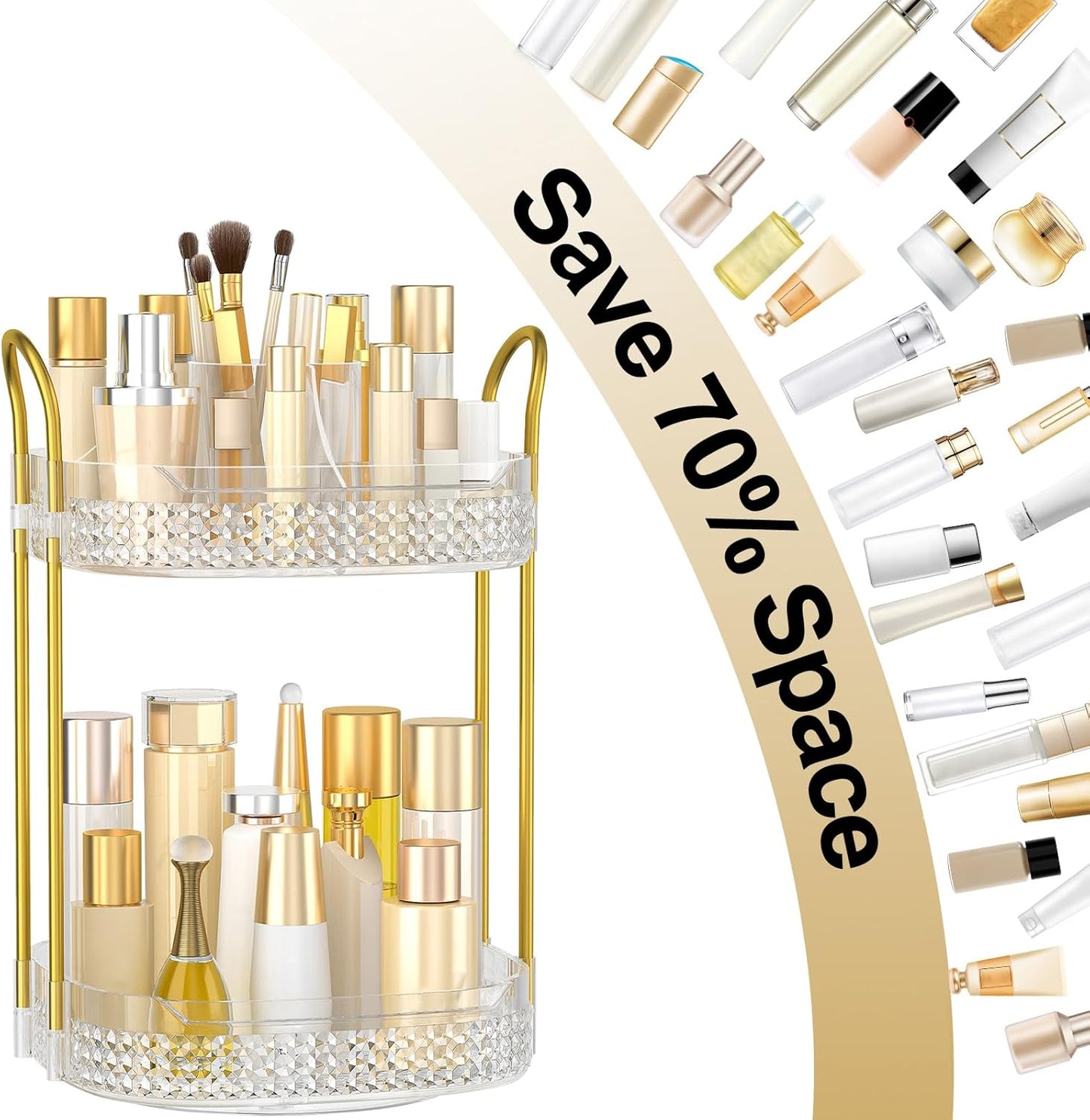 360 Rotating Makeup Organizer 2 Tier, Large Skincare Clear Make Up Storage Spinning Perfume Organizers for Bathroom Counter Dresser, White