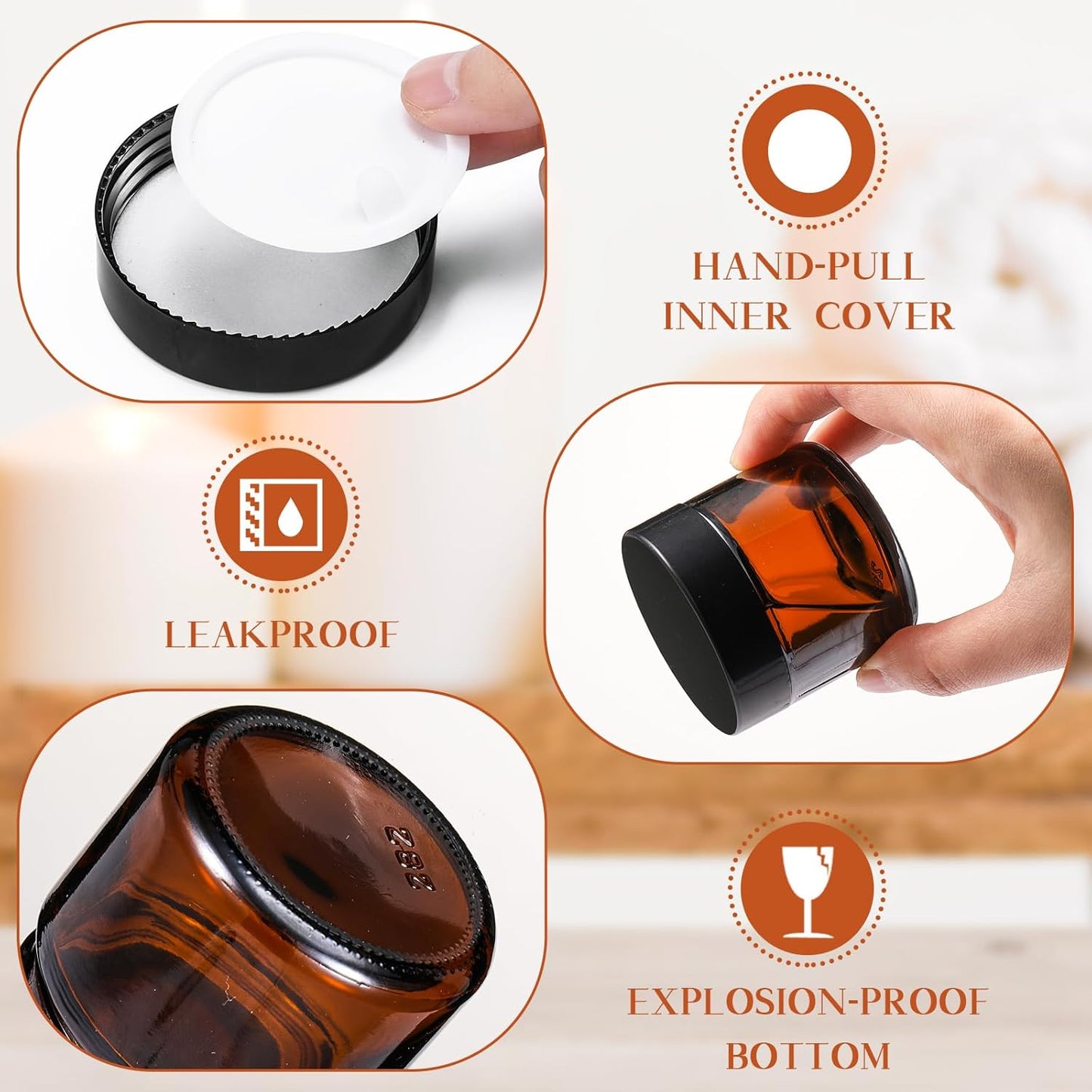 Domensi 32 Pcs 2 oz Glass Jars with Lids Travel Size Round Leakproof Empty Cosmetic Jars with Inner Liners Lid for Storing Makeup Lotions Face Cream Ointments Candle DIY Making (Amber)