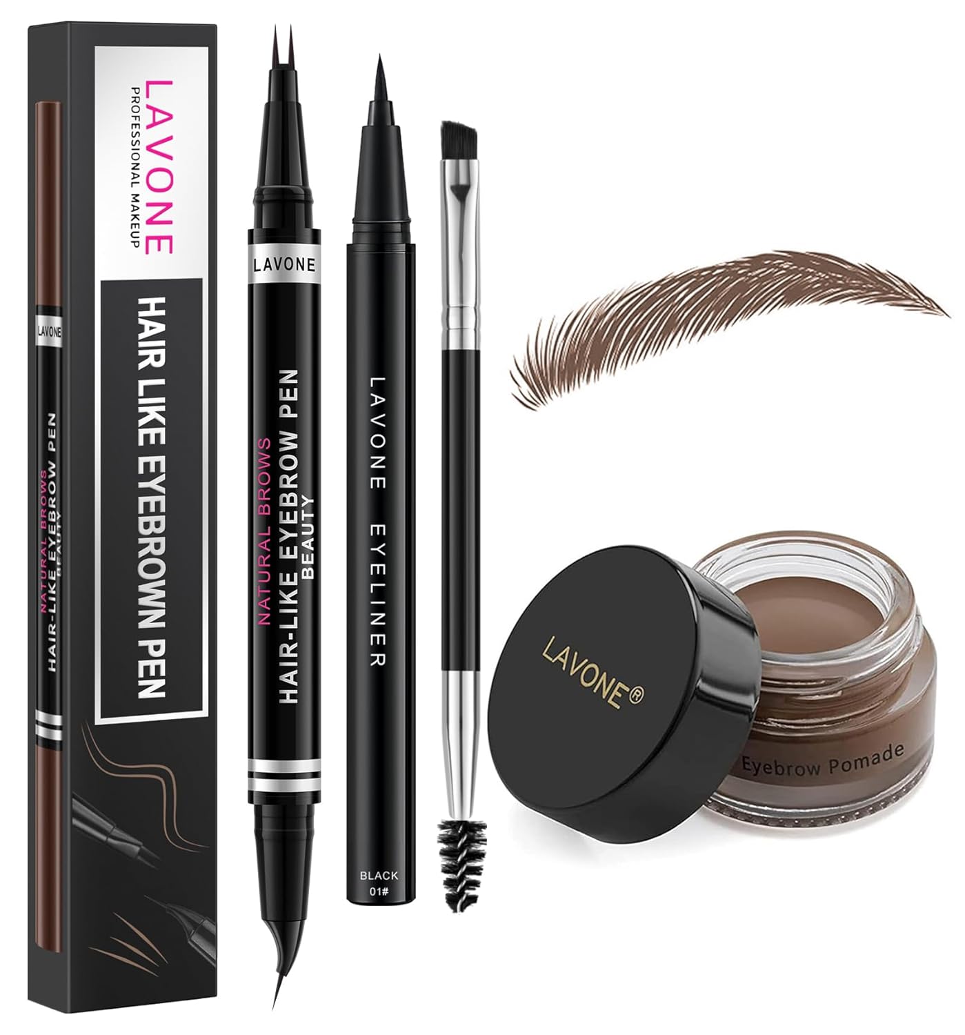 LAVONE Hair-Like Eyebrow Pen Makeup kit, Eyebrow Pencils for Women with Waterproof Microblading Eyebrow Pencil, Eyebrow Pomade, Eyeliner and Eyebrow Brush, Create Full, Natural Brows, Dark Brown