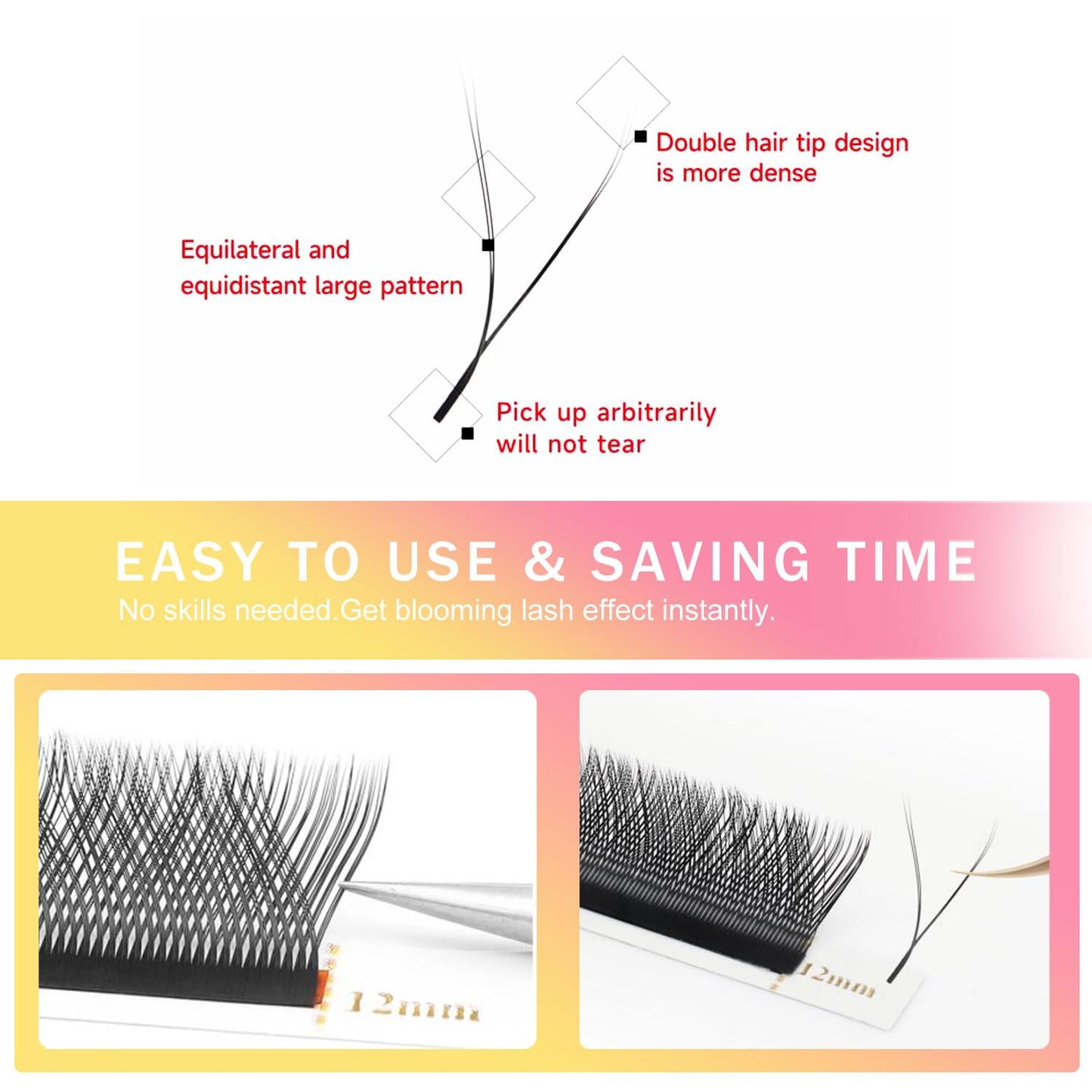 YY Lash Extensions Supplies Y Eyelash Extensions 0.05mm Thickness C Curl 15mm Premade Fans 4D Russian Volume Matte Black 12 Rows Crisscross Eye Lashes(YY-0.05-C,15mm)