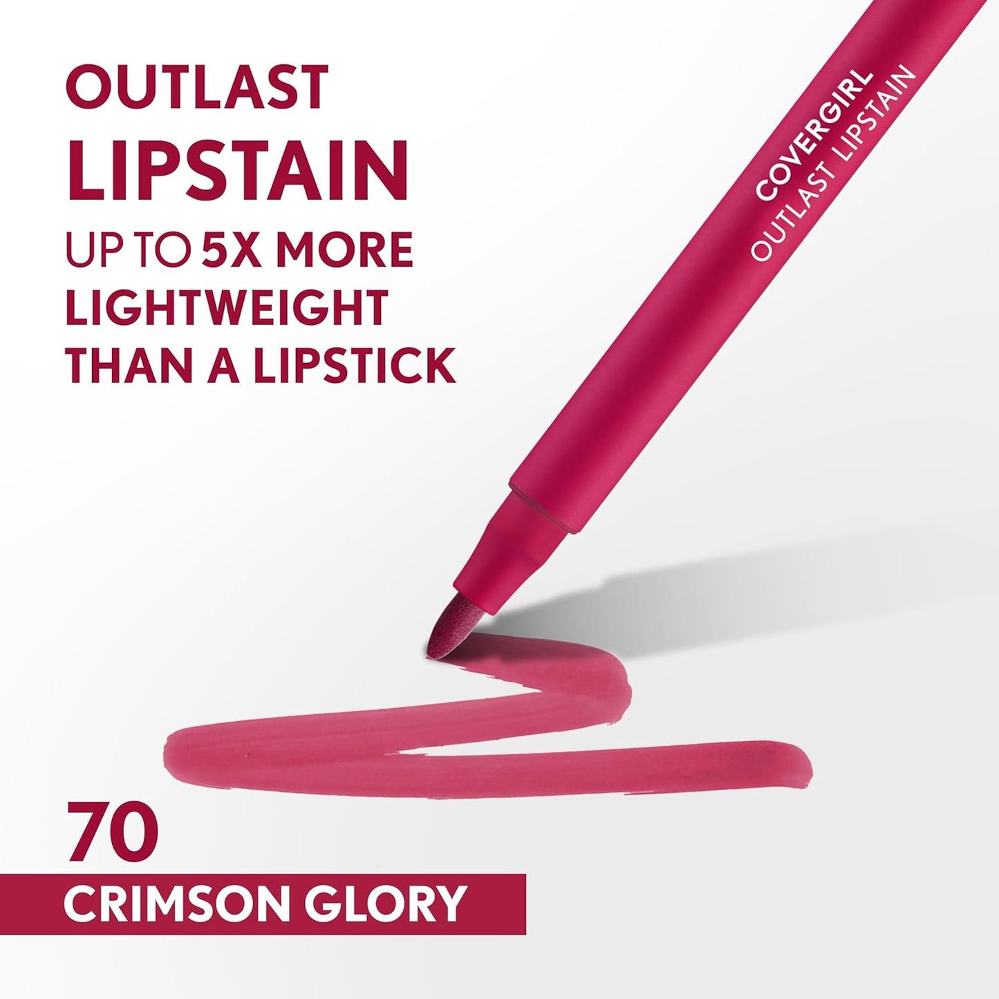 COVERGIRL Outlast, 70 Crimson Glory, Lipstain, Smooth Application, Precise Pen-Like Tip, Transfer-Proof, Satin Stained Finish, Vegan Formula, 0.06oz