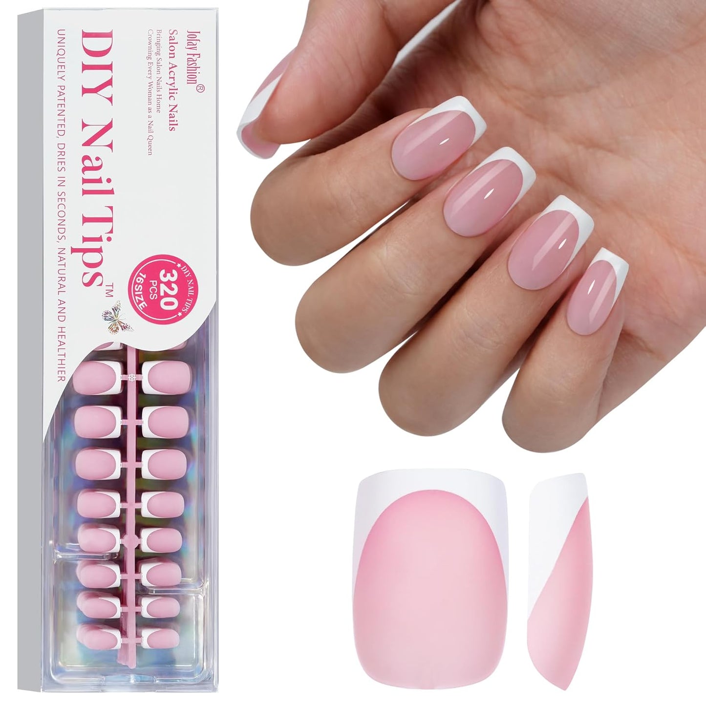 French Gel Nail Tips - Jofay Fashion Short French Tip Press on Nails, 10-Piece Set 320Pcs Pink Square Nail Tips, Pre-applied Tip Primer & Base Coat, No Need to File Fake Nails for Nail Art, 16 Sizes