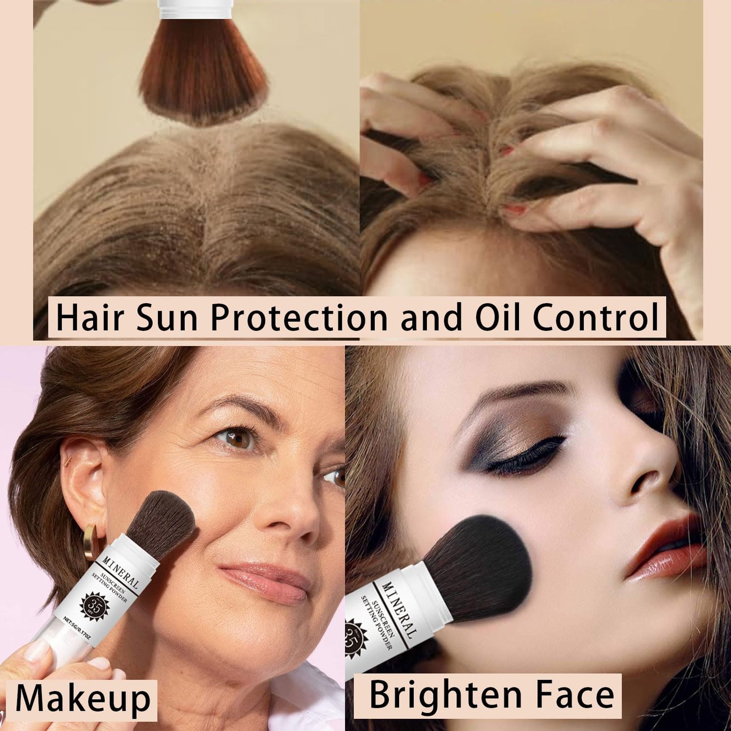 Sunscreen Setting Powder SPF 35, Mineral Brush Powder for Face & Scalp, Oil Control Natural Matte Finish Loose Powder Translucent Lasting Lightweight Breathable for All Skin (#02 Fair)