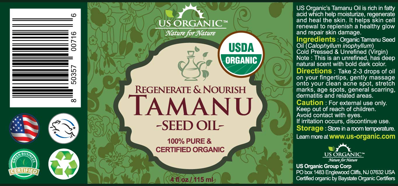 US Organic Tamanu Oil, USDA Certified Organic, 100% Pure Virgin Cold Pressed Unrefined, Dark Green Color, Sourced from Southeast Asia_Improved Cap_4oz (115 ml)