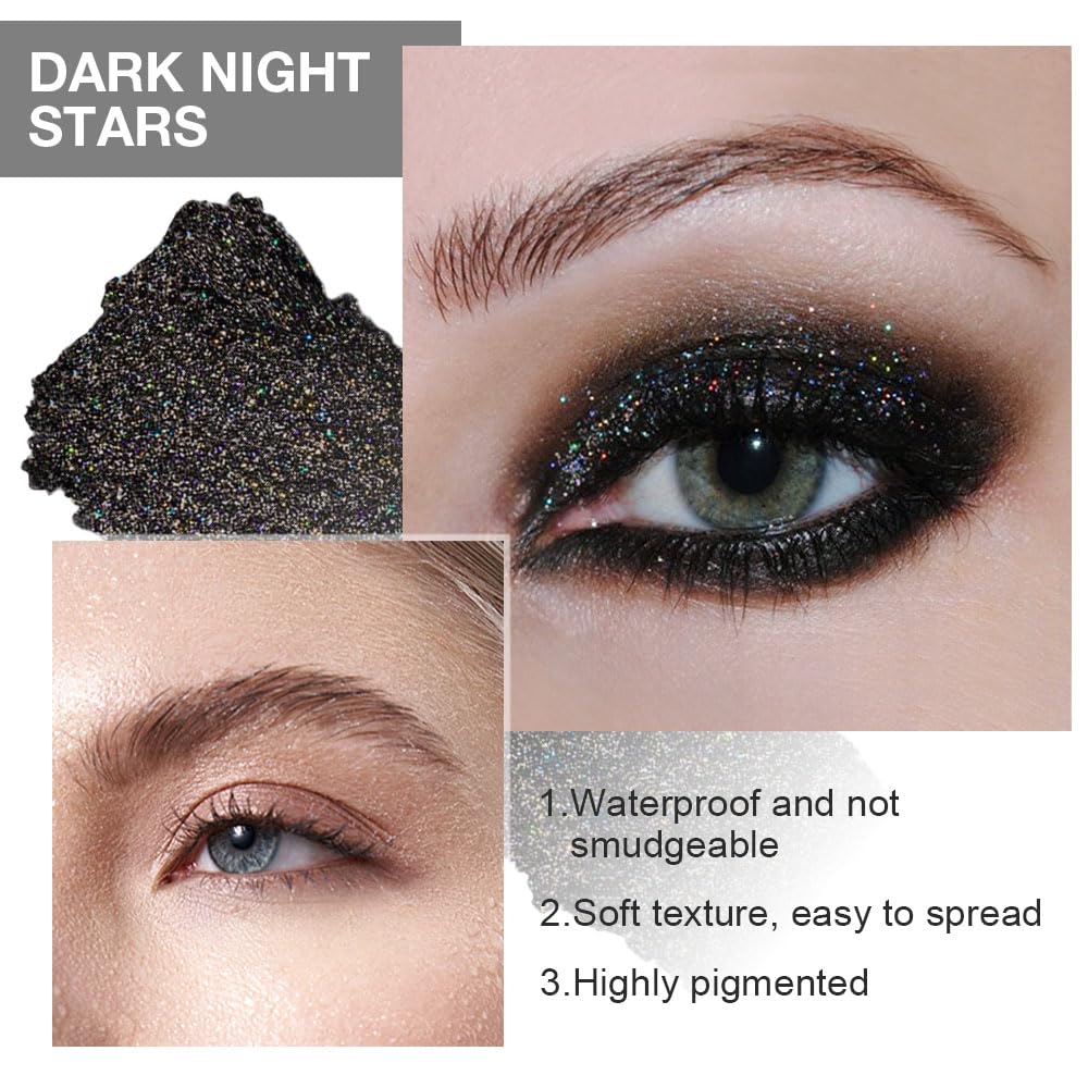 Black Glitter Eyeshadow Palette Makeup for Women, Glitter Shimmer Metallic Holographic Iridescent Single Monochrome Eyeshadow Halloween Birthday Party Wear Makeup, Sombras Crema Para Ojos