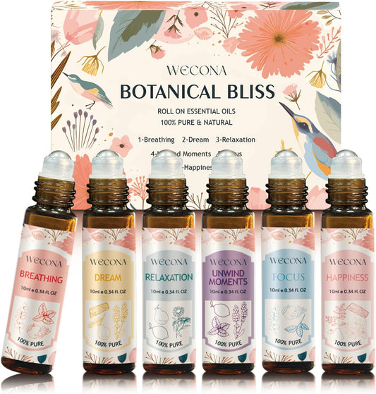 Aromatherapy Essential Oil Roll-On Set – 6x10ml Essential Oil Blends with Roller Bottles, Portable Essential Oils for Diffusers for Home,Relaxing Gift for Women & Men