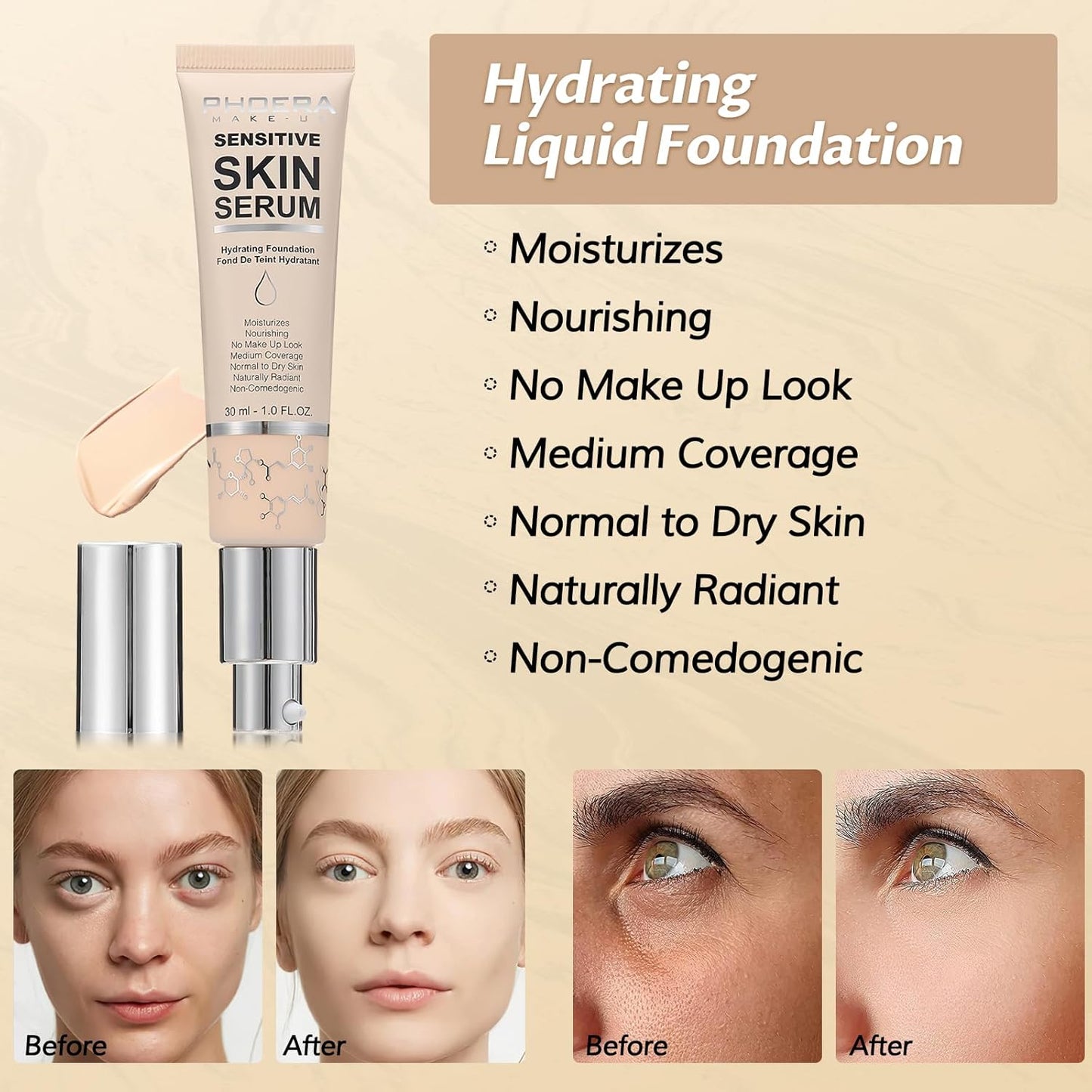 Phoera Foundation Makeup,Flawless Soft Matte Full Coverage with Matte Finish,Hydrating Serum Foundation,Face Makeup for Normal and Dry Skin (N01 Porcelain, 1PC)