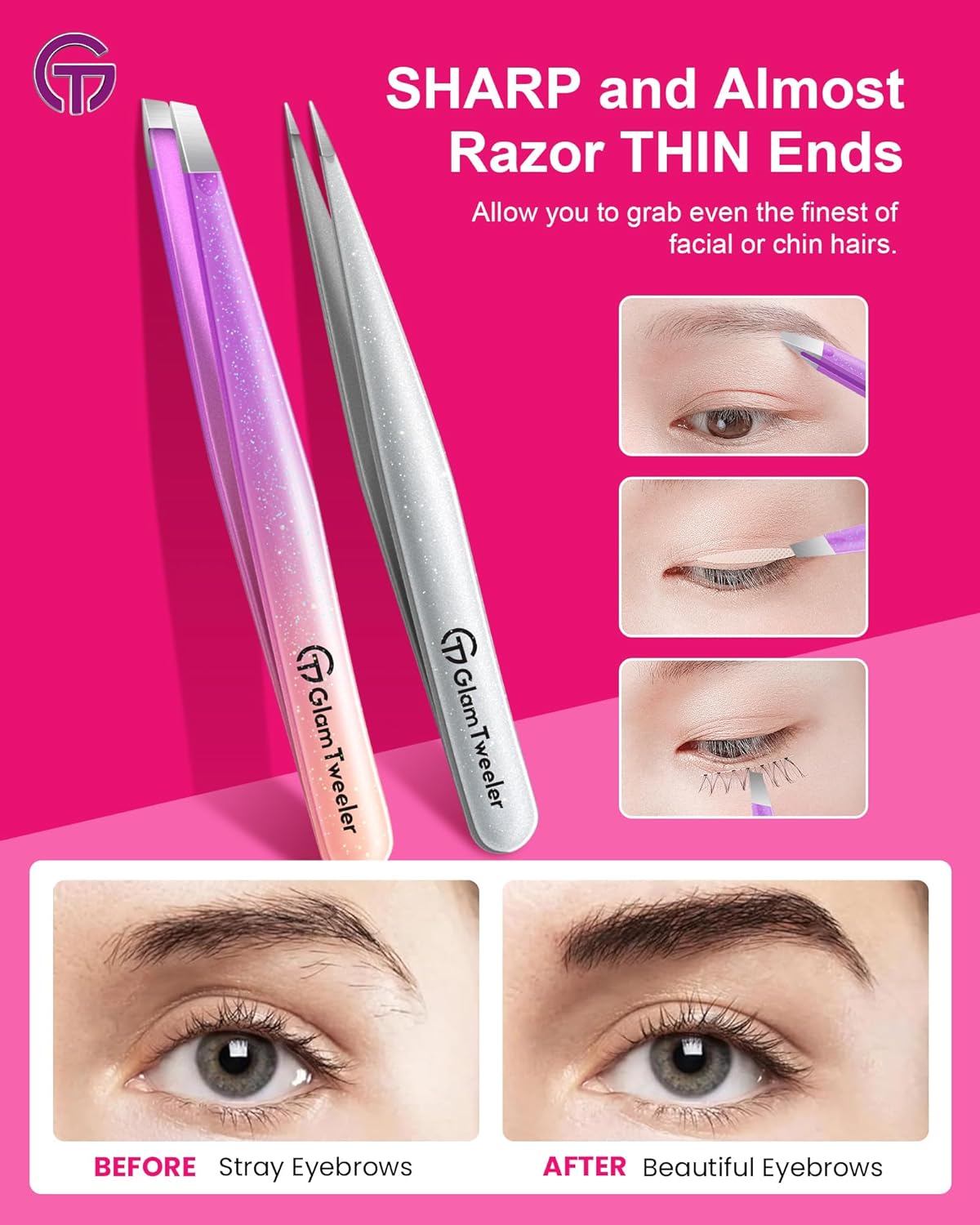 Expert Slant and Point Tip Tweezer Set with Exclusive Storage & Carrying Case, GlamTweeler Sharp & Precision Tweezer Set for Eyebrows, Facial Hairs and Fine Hairs Removal (Sparkle Violet + Silver)