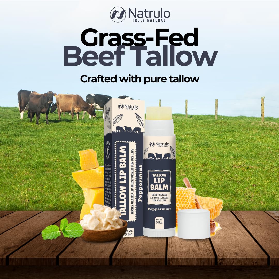 Beef Tallow Lip Balm – Natural Tallow Beeswax Chapstick – Hydrating Moisturizer Grass Fed Bison Tallow Balm Lip Care – Soothes Chapped, Dry Lips, Sensitive Skin – Long Lasting & Vitamin Rich USA-Made