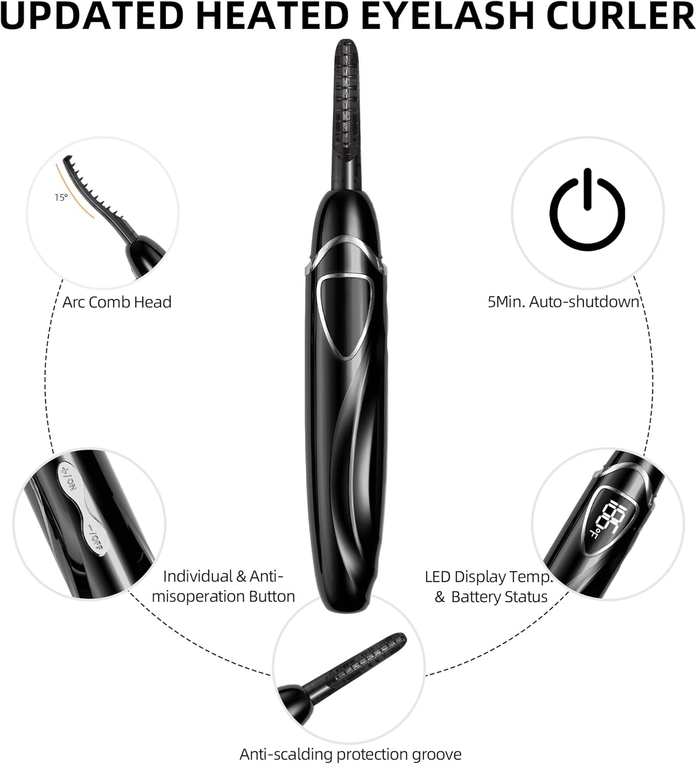 Heated Eyelash Curlers, Portable Heated Lash Curler,Heated Eyelash Curler Intelligent Power 0ff, Makeup Electric Eyelash Curler (Black/Silver, S600-148MM)