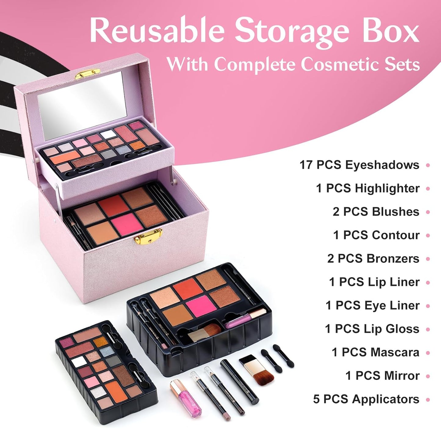 Color Nymph Beginner Makeup Kit For Teens, Girls Makeup kits With Recyclable And Key-Lockable Cabinet Included 17-Colors Eyeshadows Blushes Bronzer Highlighter Lipstick Brushes Mirror(Pink)
