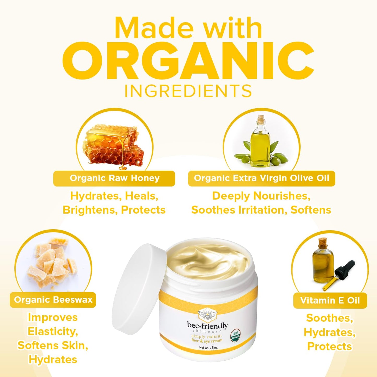 BeeFriendly Face and Eye Cream All Natural USDA Certified Organic Moisturizer, All In One Face, Eye, Neck, Decollete Cream, 2 oz