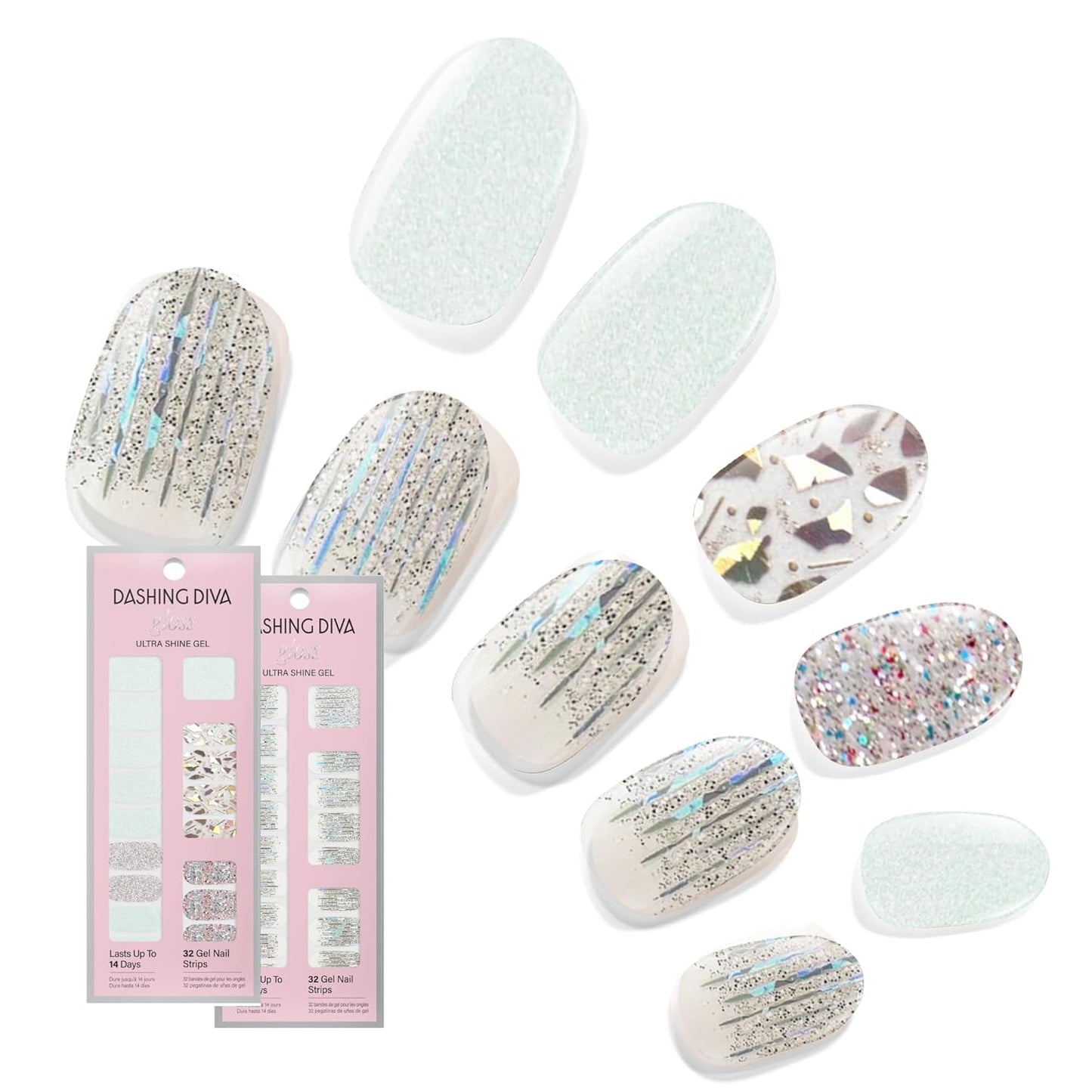 Dashing Diva Gloss Nail Strips Bundle - The Glam Collection - Meteor Shower & Going Platinum - UV Free, Chip Resistant, Long Lasting Gel Stickers - Contains 2 Sets
