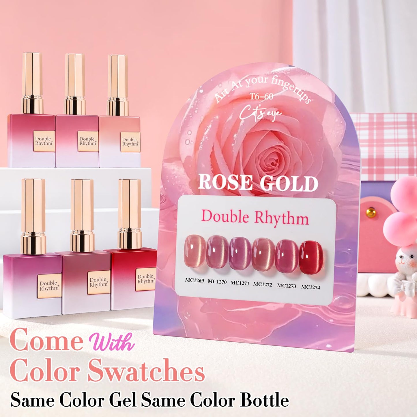 Double Rhythm Cat Eye Gel Nail Polish Set of 6 Same Color Same Bottle 0.5 Oz Shimmer Glitter with Magnet Holographic Reflective Magnetic UV Nail Polish Kit at Home (Golden Rose Pink-T6-60)