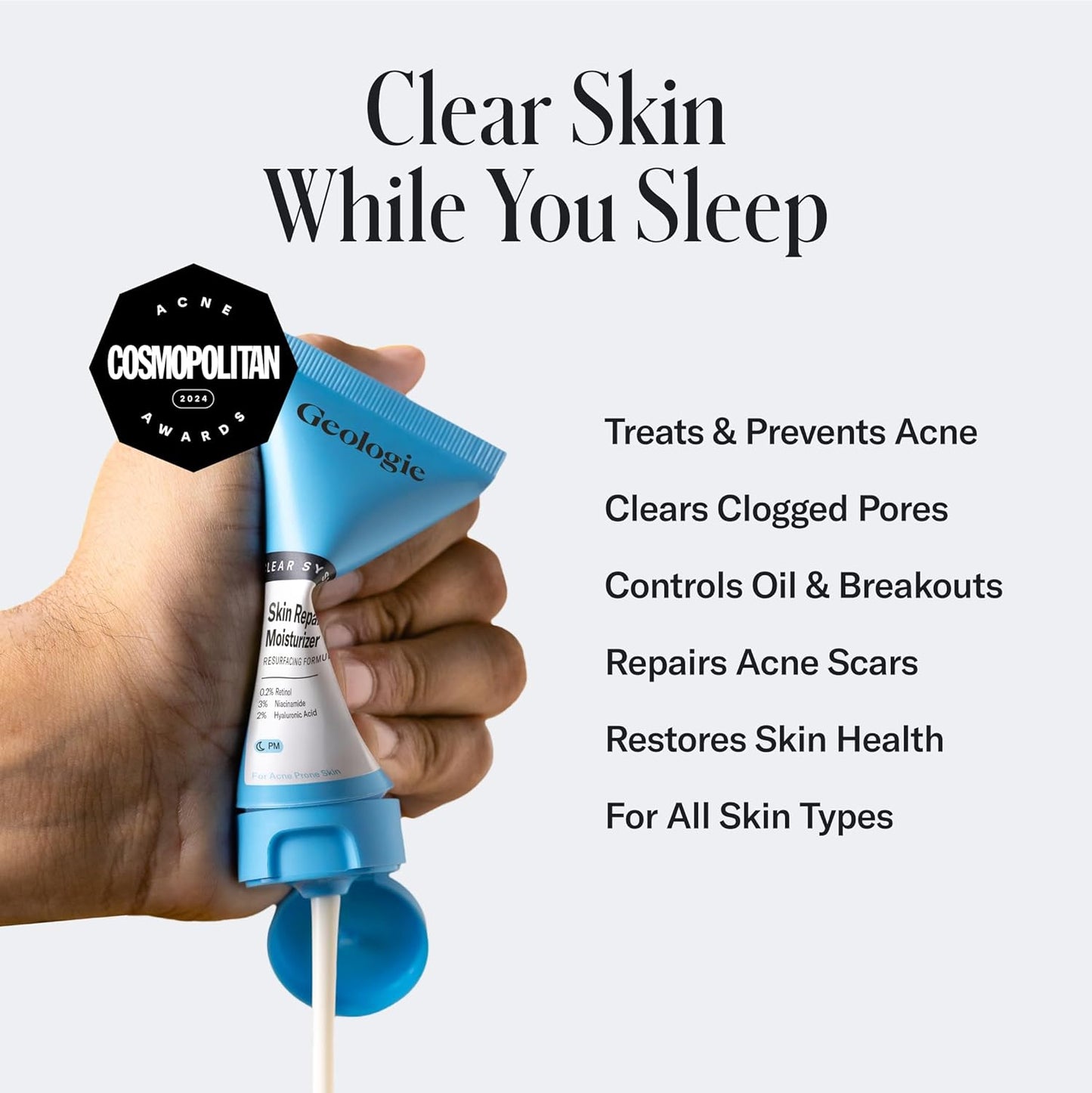 Geologie Skin Repair Moisturizer Face Cream | Clear System Retinol Resurfacing Formula | For Blemish Prone Skin with Niacinamide & Hyaluronic Acid | 60 ML