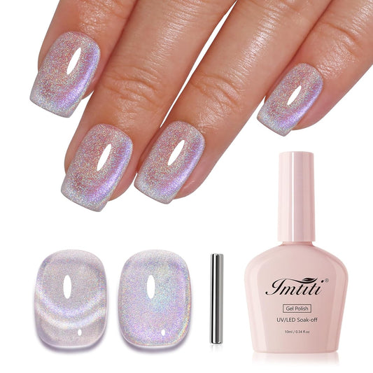 Imtiti Cat Eye Gel Nail Polish, Rainbow Holographic Magnetic Nail Gel Polish With Magnet Glittery Iridescent Galaxy Spring Summer Kit Soak Off UV Led 10ML