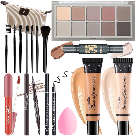 Makeup Kit For Girls Teens Women, Makeup Set, Makeup Present,Includes Eyeshadow Palette, Foundation, Eyebrow Pencil, Eyeliner, Lip Gloss, Counter Stick, Makeup Brush Set Bag & Sponge