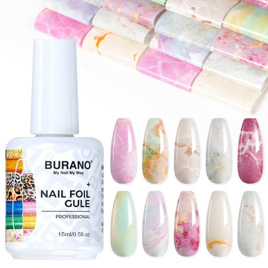 BURANO Nail Art Nail Foil Glue Gel, o.5 oz with 10PCS Foil Stickers Set Nail Foil Glue for Nails Foil Transfer Gel, Nail Design Home DIY UV LED Lamp Required (Marble Glitter) 22