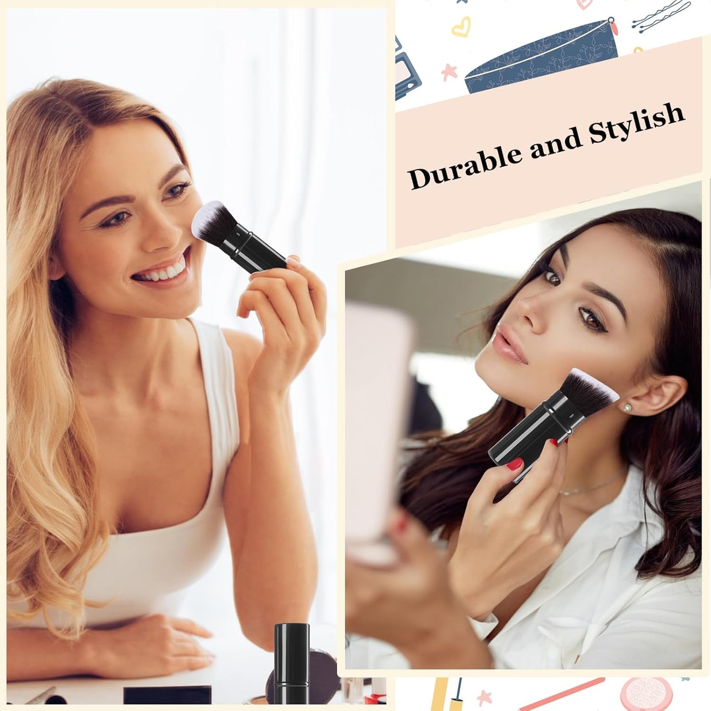 Makeup Brush 2 Pack, Retractable Travel Kabuki Powder Makeup Brush, Foundation Face Blush Brushes for Blending Liquid, Blush, Bronzer, Buffing, Sunscreen,Flawless Cosmetics