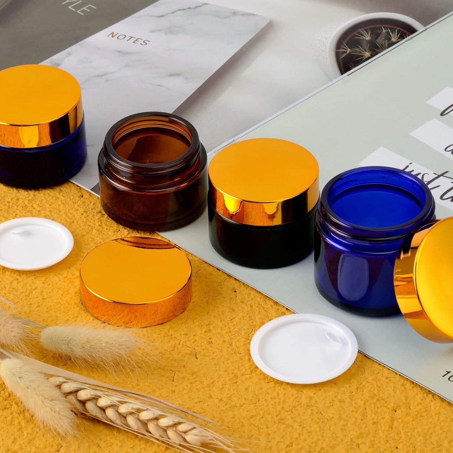 Lil Ray 2 Oz Glass Cream Jars with Gold Lid, Empty Cobalt Blue Glass Containers, Refillable Cosmetic Vials for Lotion, Ointment (12 PCS)