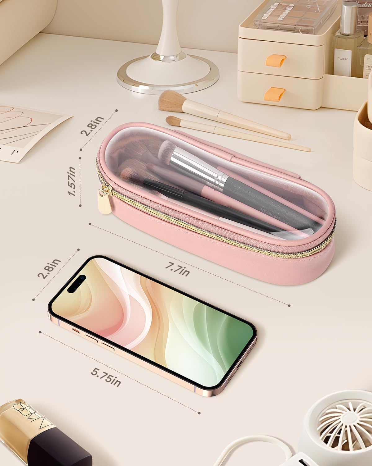 Clear Travel Makeup Brush Holder, Leather Makeup Brush Toiletry Bag, Portable Cosmetic Brush Case, Transparent Waterproof Makeup Brush Storage Bag, Pink