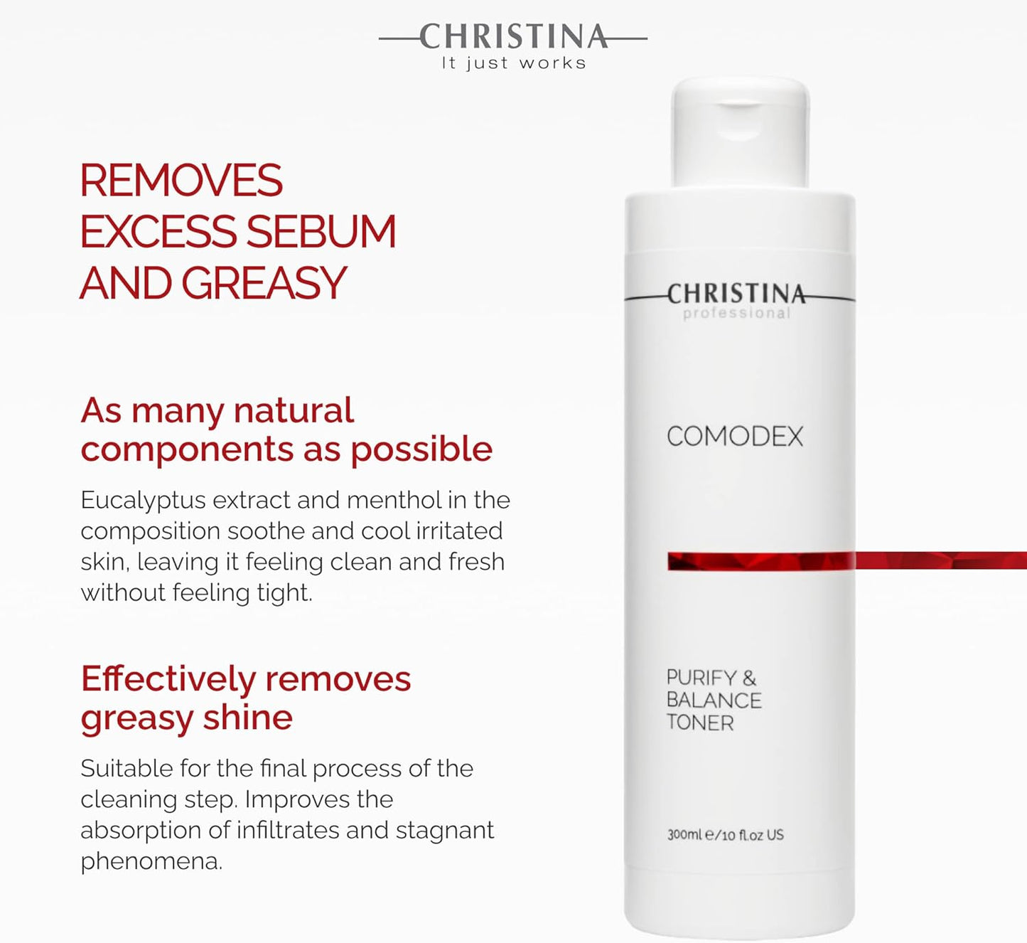 Christina Comodex Purify & Balance Facial Toner - 300ml - Non-Drying Formula with Eucalyptus and Tasman Pepper Extract - PH Balancing Toner for Combination, Normal and Oily Skin Types.