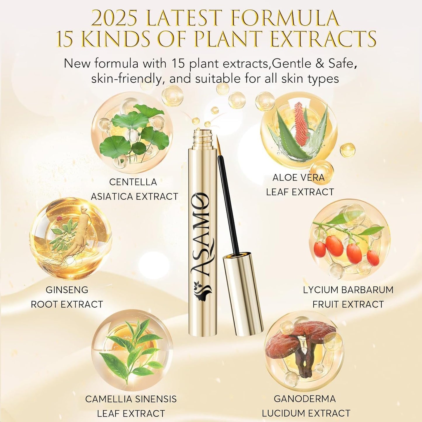 Eyelash Growth Serum – 15 Plant Extracts for Longer, Denser & Robust Lashes,Boosts Natural Lash Development,eyelash serum,Enhance Natural Beauty, Hypoallergenic Oil Free,lash growth serum（PURE GOLD）