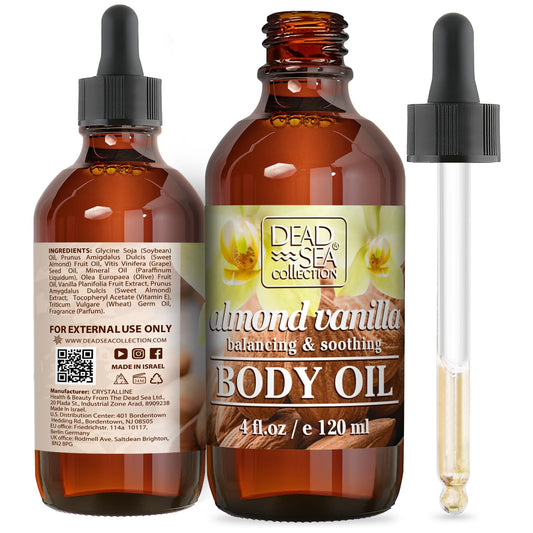 Dead Sea Collection Body Oil with Almond & Vanilla-Dry Skin Moisturizer and Hydrating Massage - Nourishing Bath Oil - Increase Skin Elasticity and Provide Anti-Aging Support for your Body (4 fl.oz)