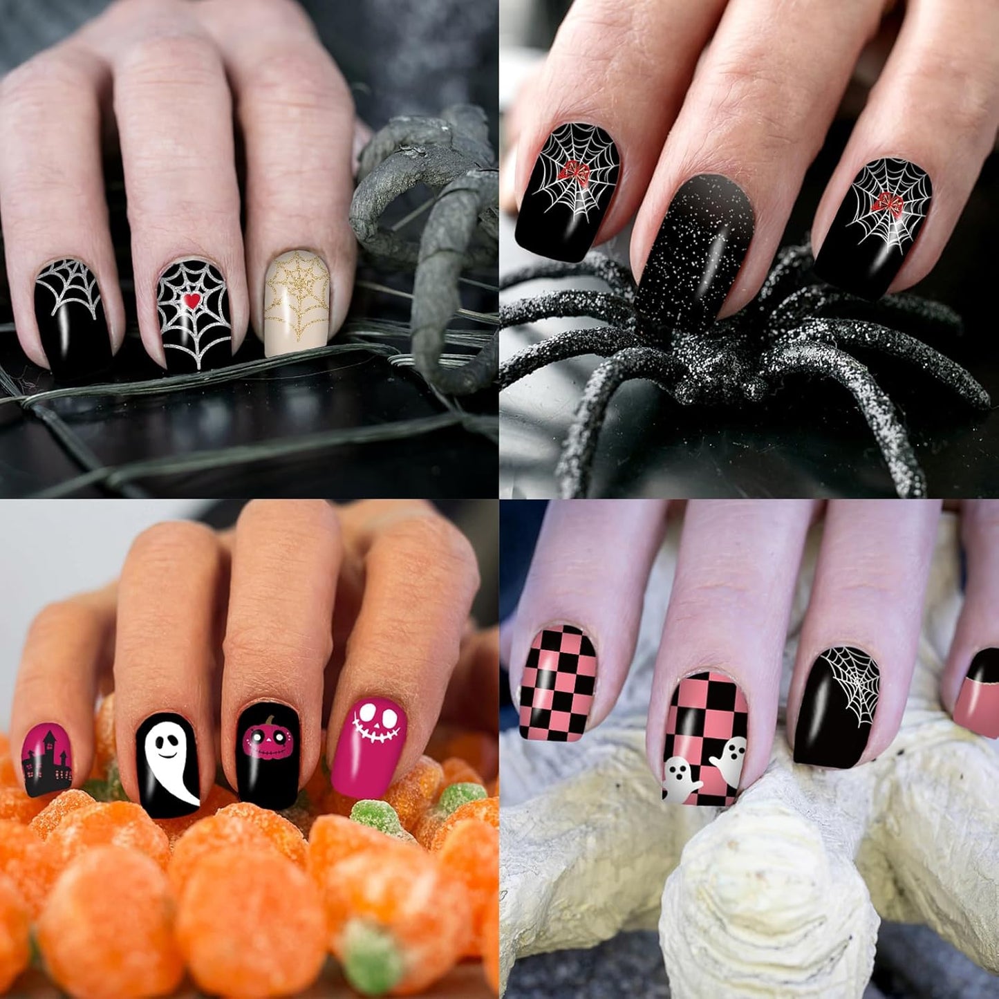 12 Sheets Halloween Nail Wraps Stickers, Nail Polish Strips DIY Self-Adhesive Full Glitter Nail Art Decals Pumpkin Bat Ghost Spider Skull Pattern with 2 Piece Nail Files for Party Decor (168 Pieces)