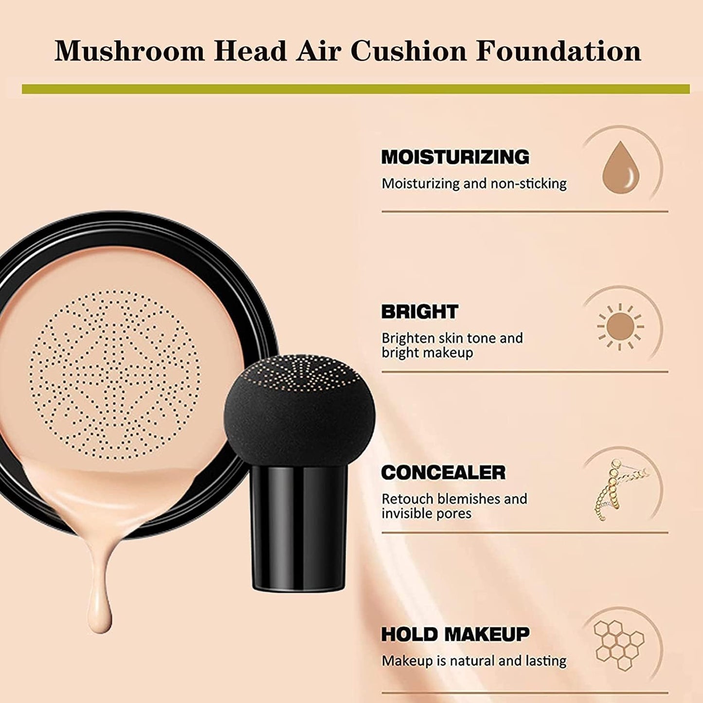 Beauty Glazed Mushroom Head Air Cushion CC Cream Foundation Cover Concealer Makeup Moisturizing Brightening Pigment Liquid Foundation, Even Skin Tone Makeup Base BB # 02 Naturel
