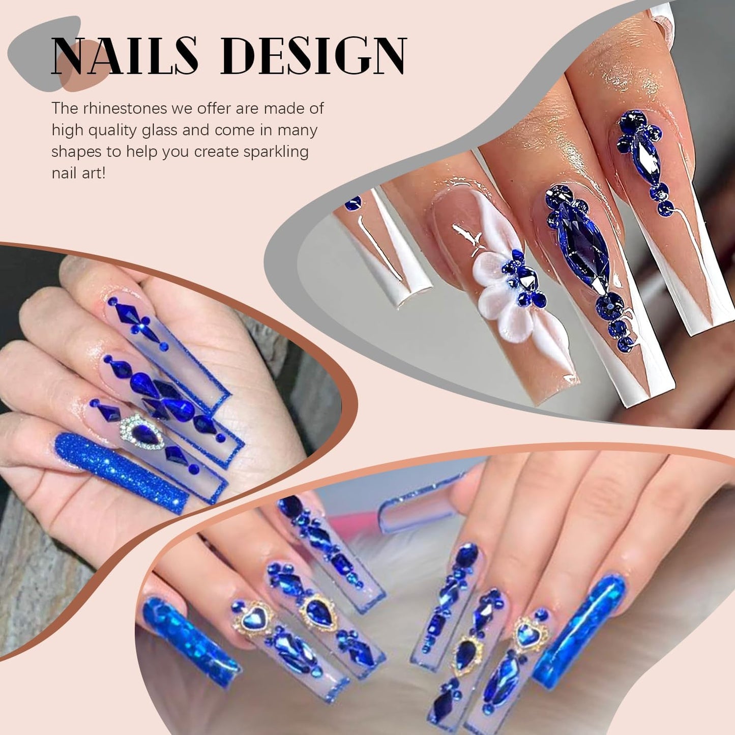 2680Pcs Royal Blue Glass Nail Rhinestones 120Pcs Multi Shapes Flatback Nail Gems + 2560Pcs 1.5-4mm Round Crystal, Manicure Nail Charms Diamond Gemstones for Acrylic Nails Decoration
