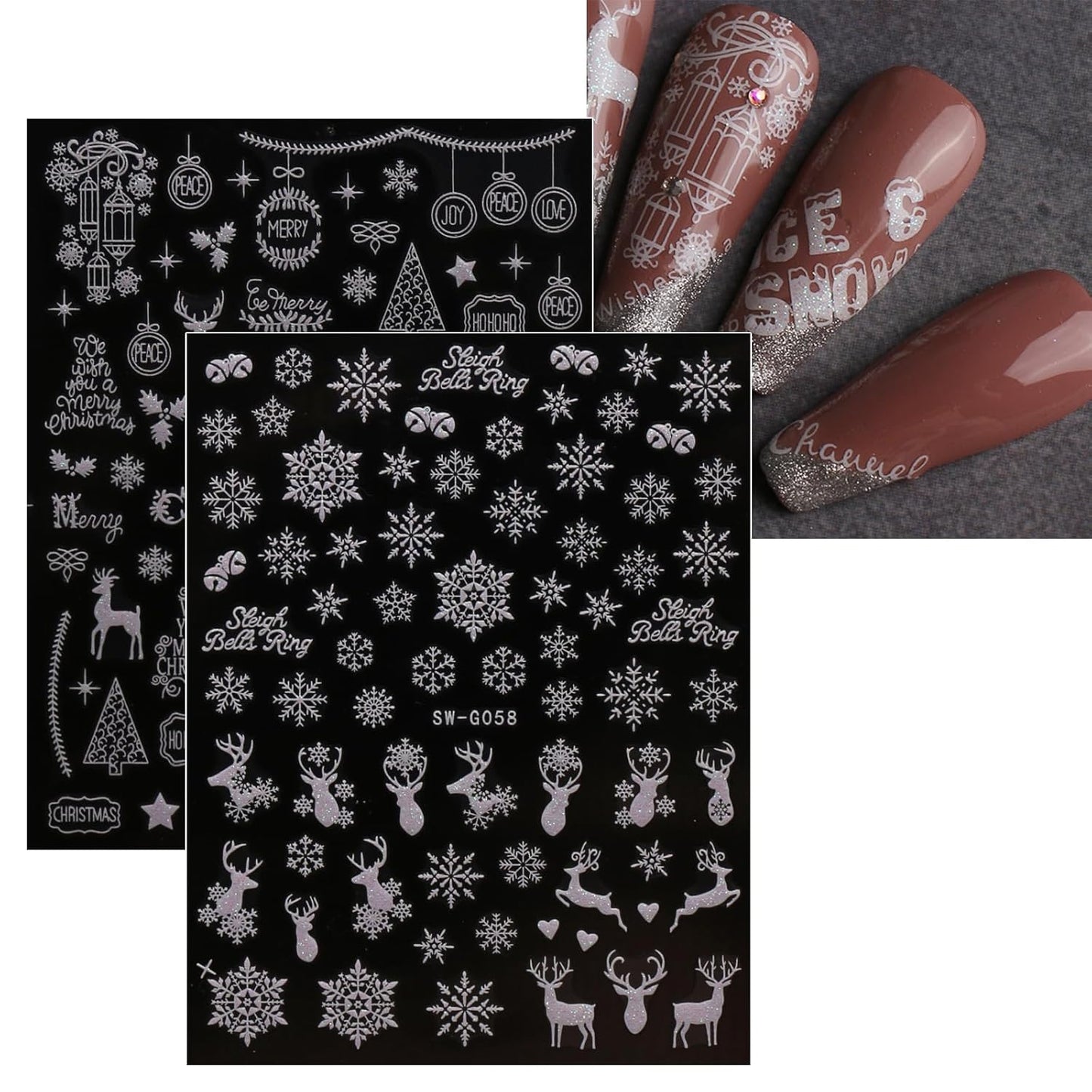 JMEOWIO 9 Sheets Christmas Glitter Nail Art Stickers Decals Self-Adhesive Snowflake Winter Holiday White Nail Supplies Nail Art Design Decoration Accessories