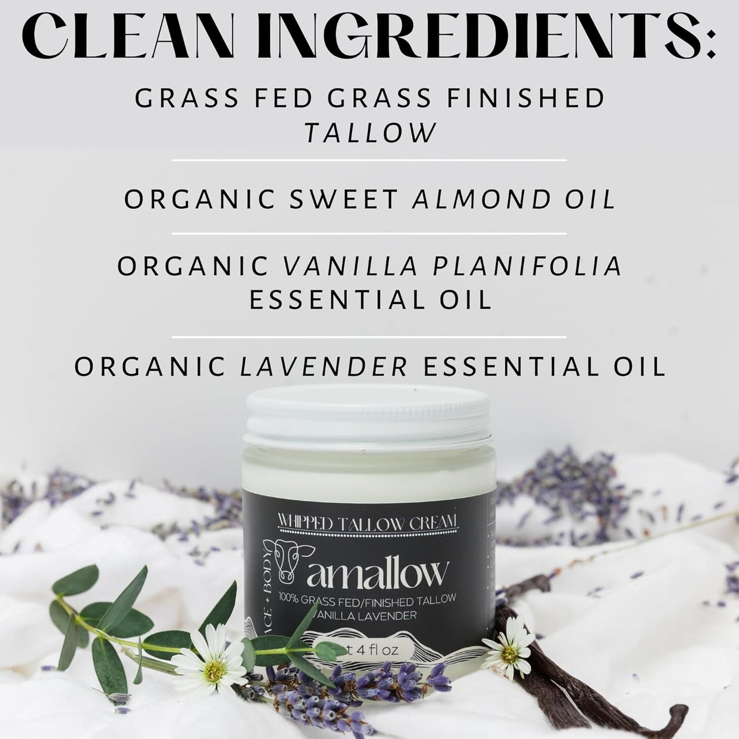 Amallow 100% Grass Fed Beef Tallow for Skin Care - Face + Body - Whipped Moisturizer - Natural Lotion, 4 FL. oz. (Vanilla Lavender)