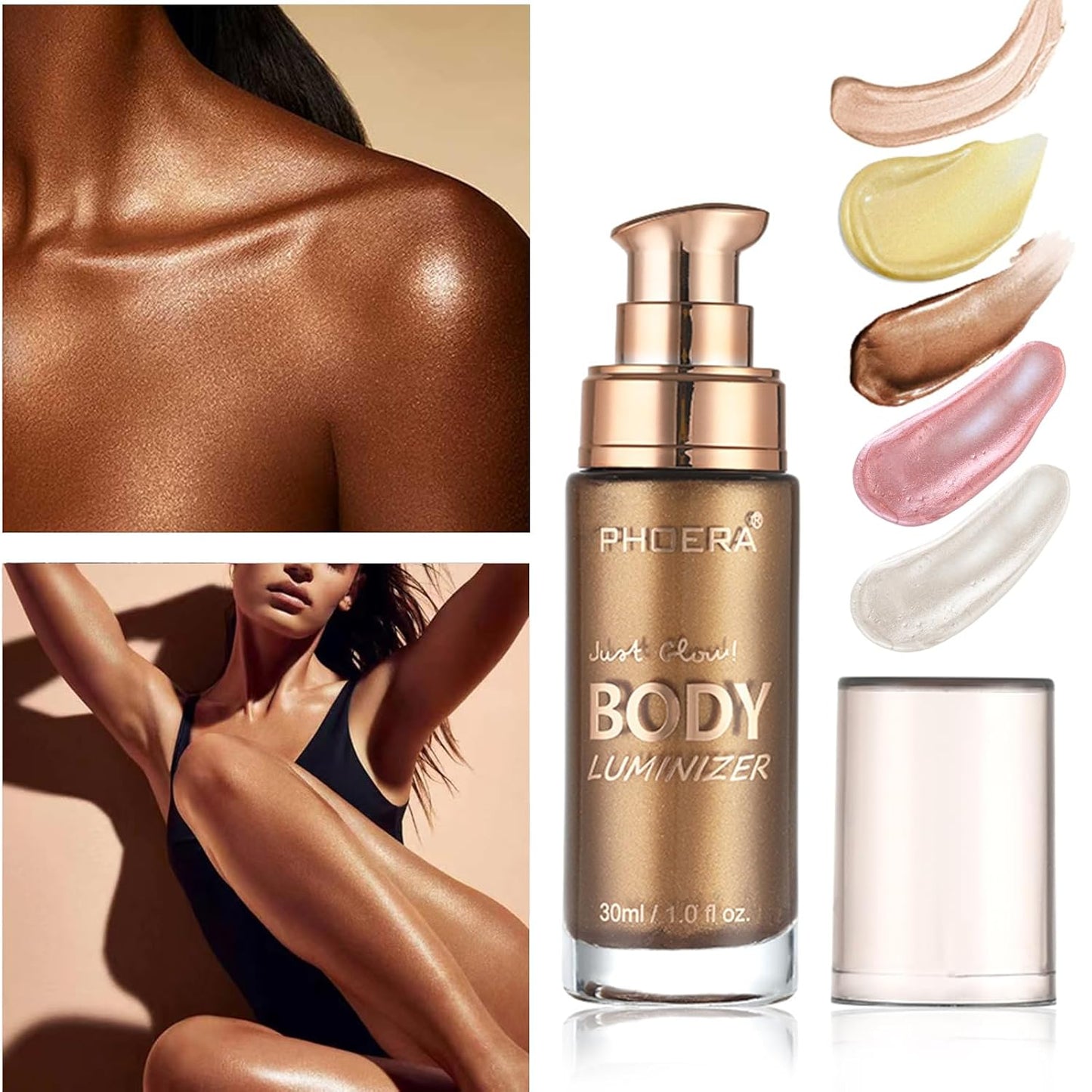 Body Shimmer Oil, Glistening Bronze Natural Glow Luminizer, Long Lasting Waterproof Moisturizing Liquid Illuminator Highlighter Makeup for a Sun-Kissed Glow, Brush Include, 1oz, Medium