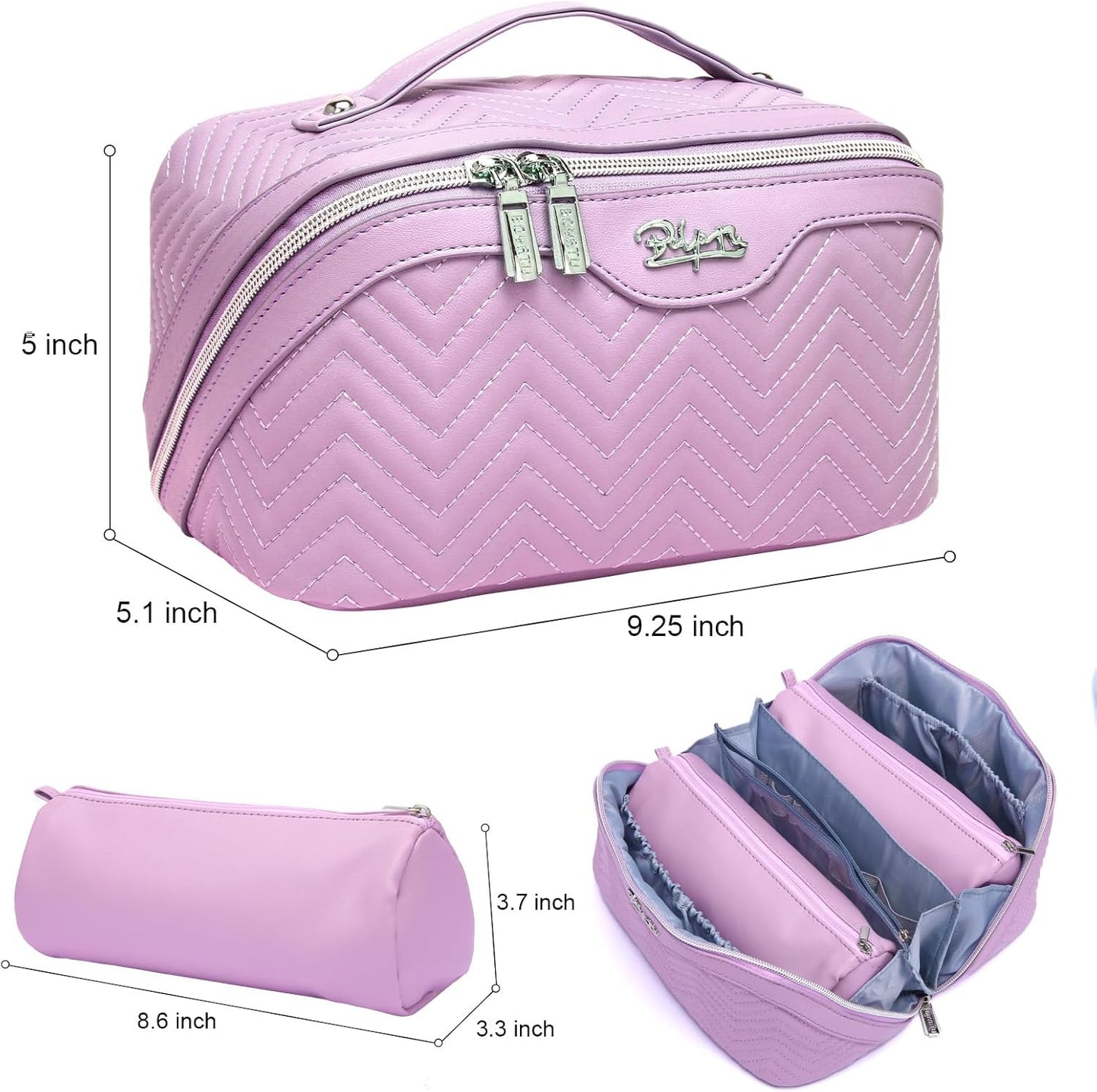 Travel Makeup Bags Cosmetic Organizer Bag: Quilted Make up Bag Set of 3 - PU Leather Toiletry Bags for Women - Portable Makeup Organizer with Compartments & Handle & Divider (14-Purple)