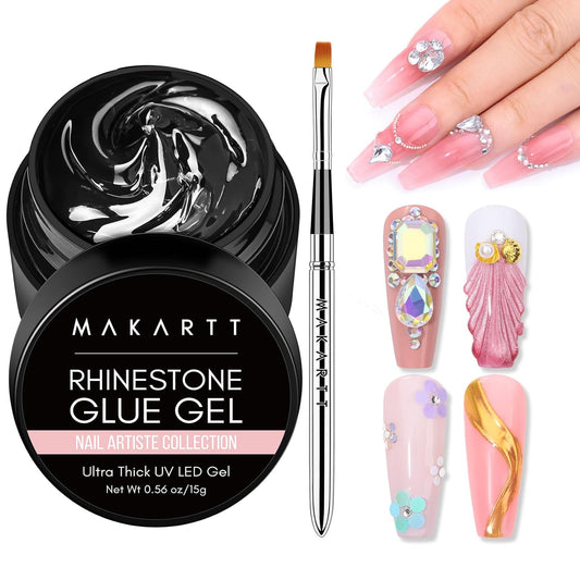 Makartt Nail Rhinestone Glue Gel with Brush Pen Set, 15ml Clear Nail Gem Glue Wipe-Off Super Strong Adhesive Nail Art Glue Gel for Nail Decorations 3D Stones Charms Flowers, Nail Lamp Needed